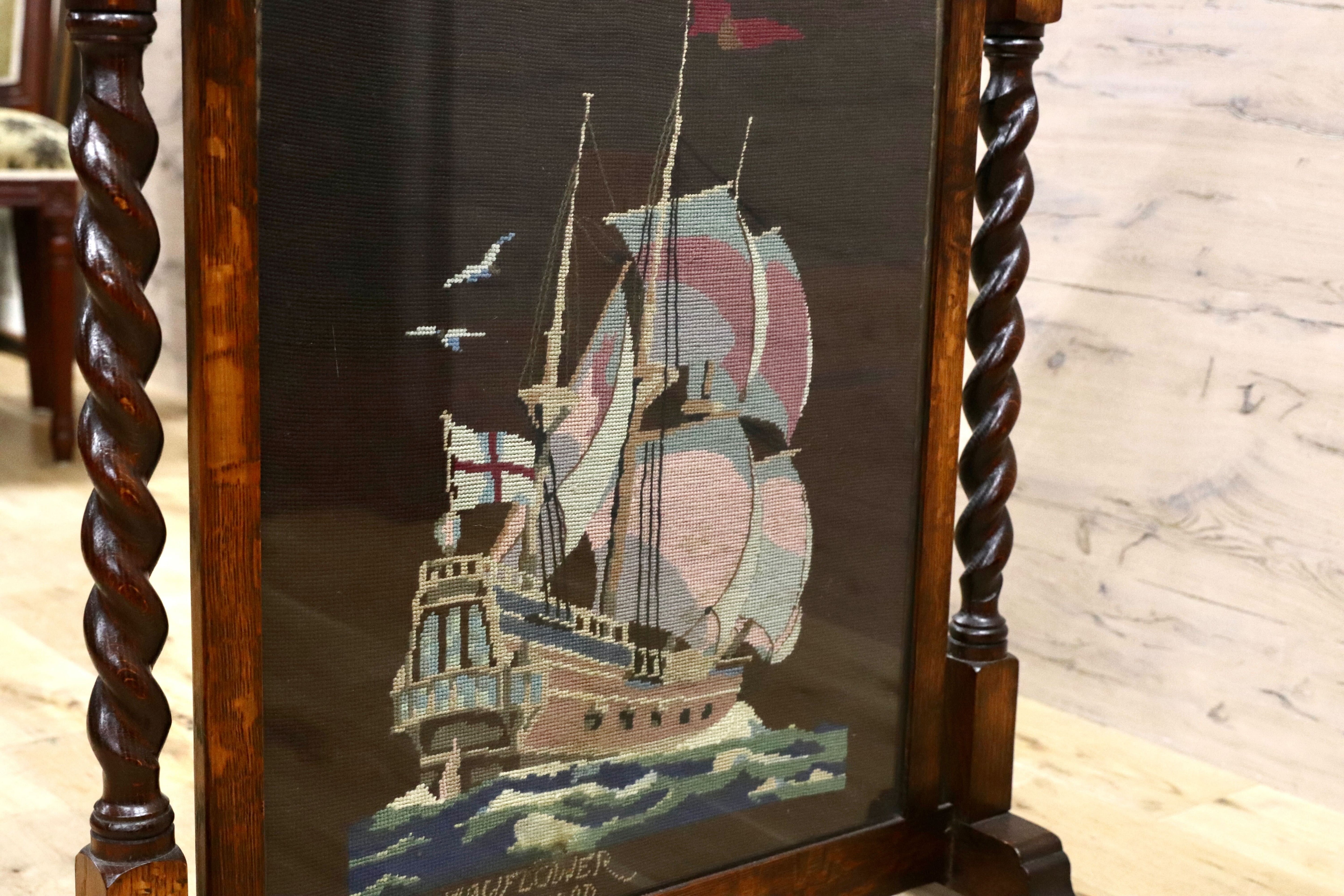 GMFK709○英国 イギリス 西洋 アンティーク ツイストファイヤースクリーン オーク材 クラシック 目隠し インテリア 刺繍 オブジェ 希少