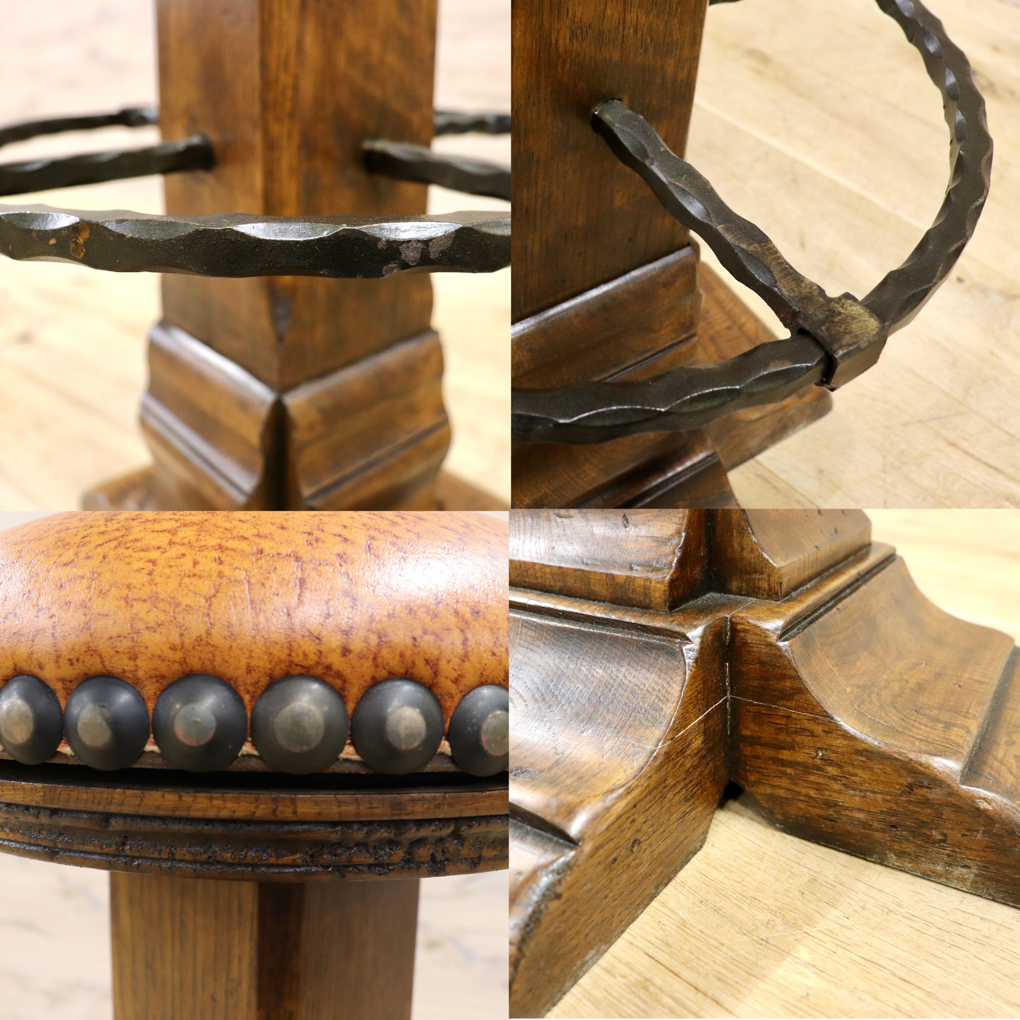 GMIK7A○スペイン製 カスティリアンスタイル バースツール ハイチェア カウンター 回転式 椅子 オーク 本革 アンティーク ヴィンテージ