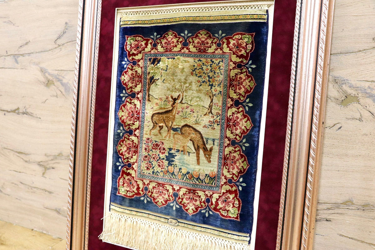 GMJH413◯HEREKE PURE SILK CARPET QUALITY 14x14 ヘレケ絨毯 高密度高級絨毯 額装 タペストリー 壁掛け インテリア 美術品 稀少