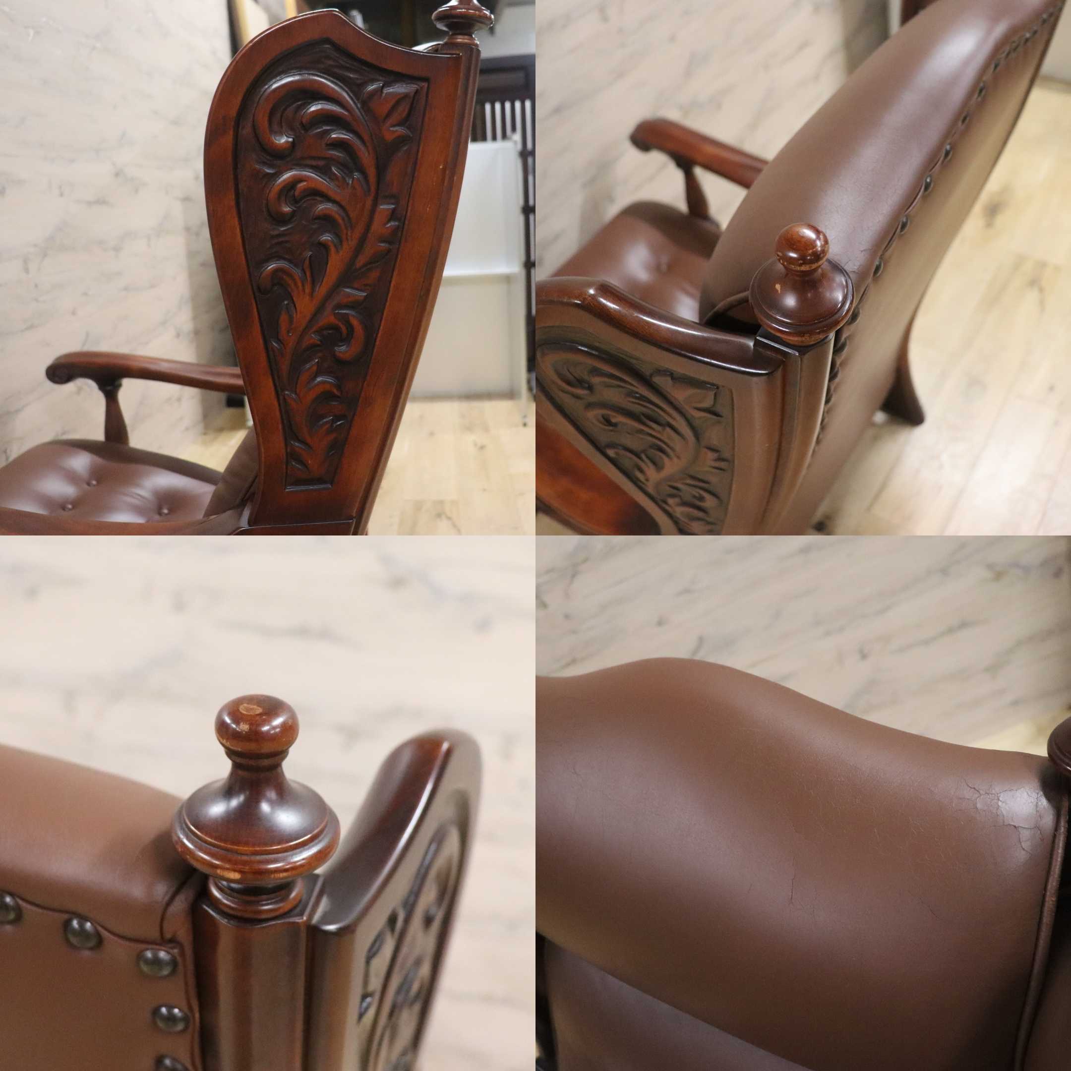 GMGN295○MORISHIGE / モリシゲ シングルソファ ラウンジチェア 椅子 本革 彫刻 IDC大塚家具 クラシック 大正モダン 最高峰 約38万 稀少