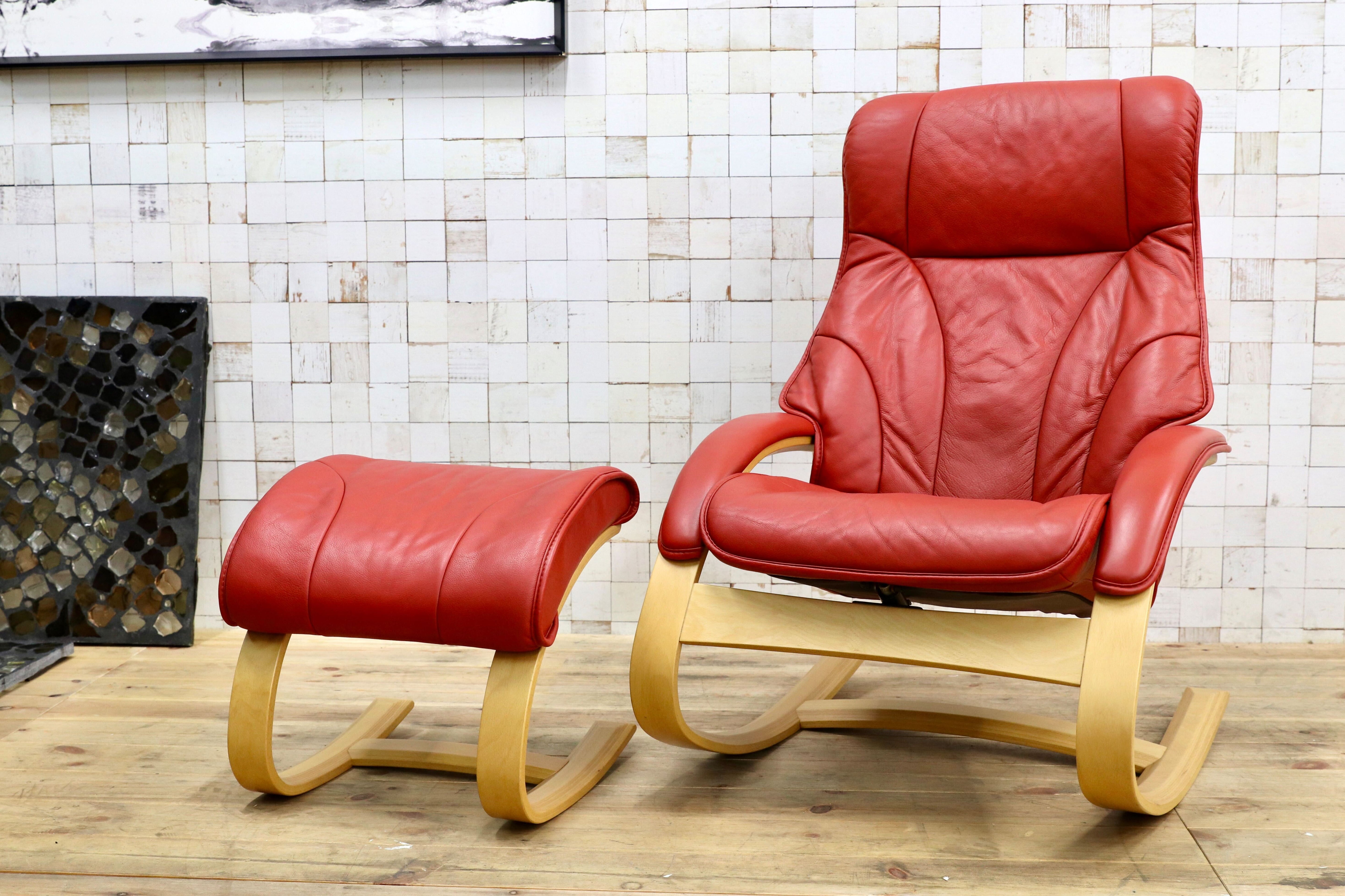 GMIK774○Simmons / シモンズ Fjords フィヨルド イエリアーダ ロッキングチェア パーソナルチェア 赤 本革 北欧 ノルウェー 稀少