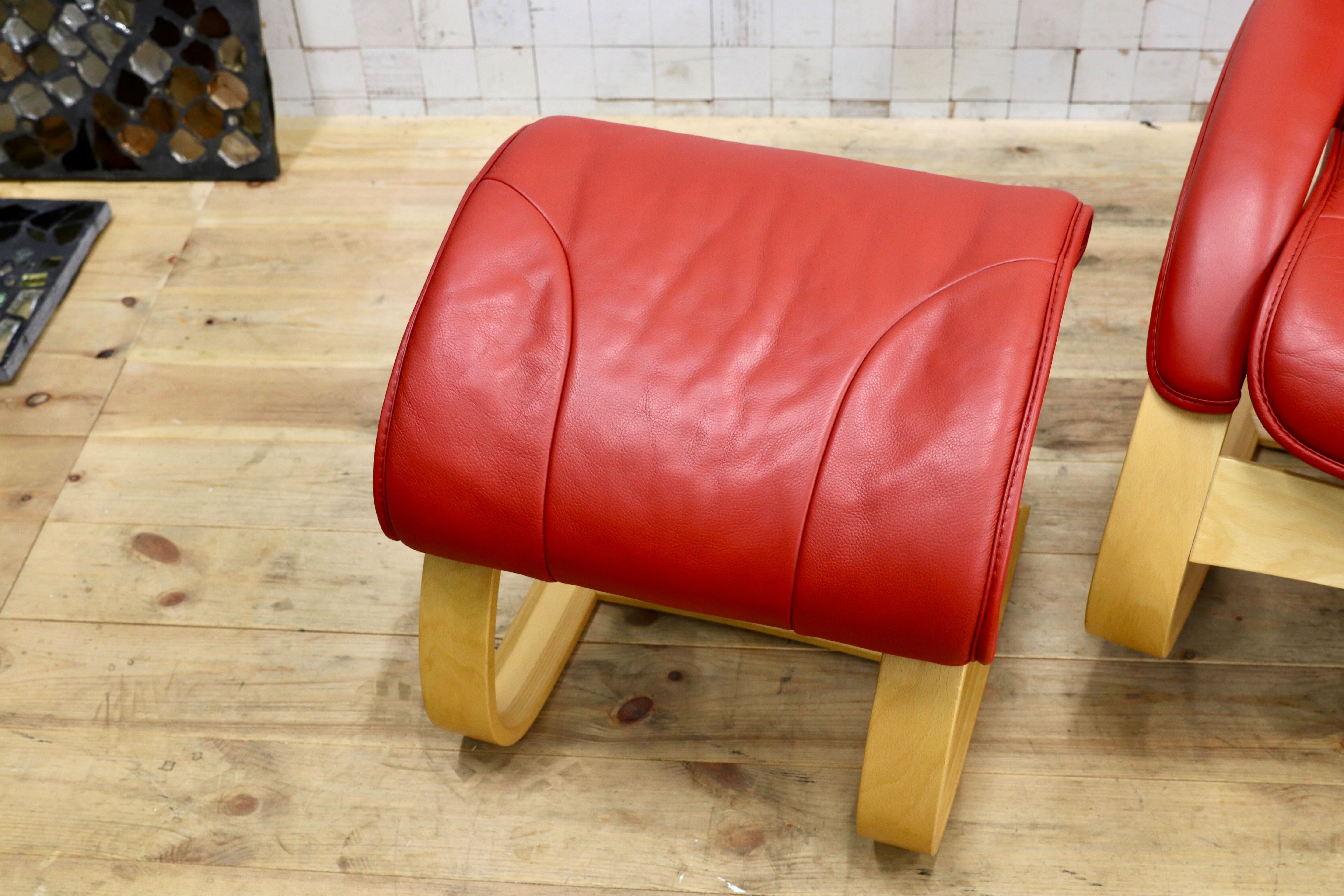 GMIK774○Simmons / シモンズ Fjords フィヨルド イエリアーダ ロッキングチェア パーソナルチェア 赤 本革 北欧 ノルウェー 稀少