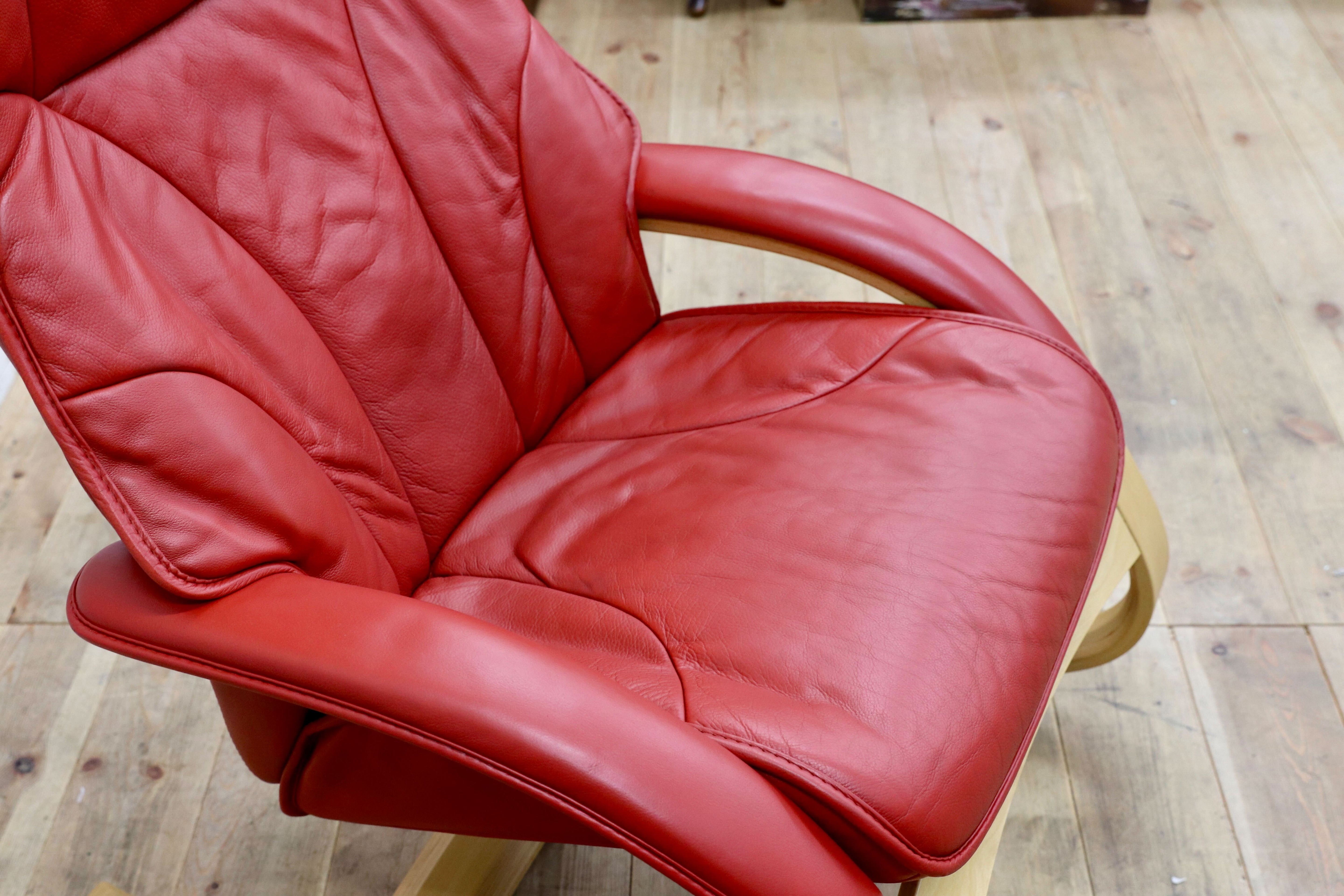 GMIK774○Simmons / シモンズ Fjords フィヨルド イエリアーダ ロッキングチェア パーソナルチェア 赤 本革 北欧 ノルウェー 稀少