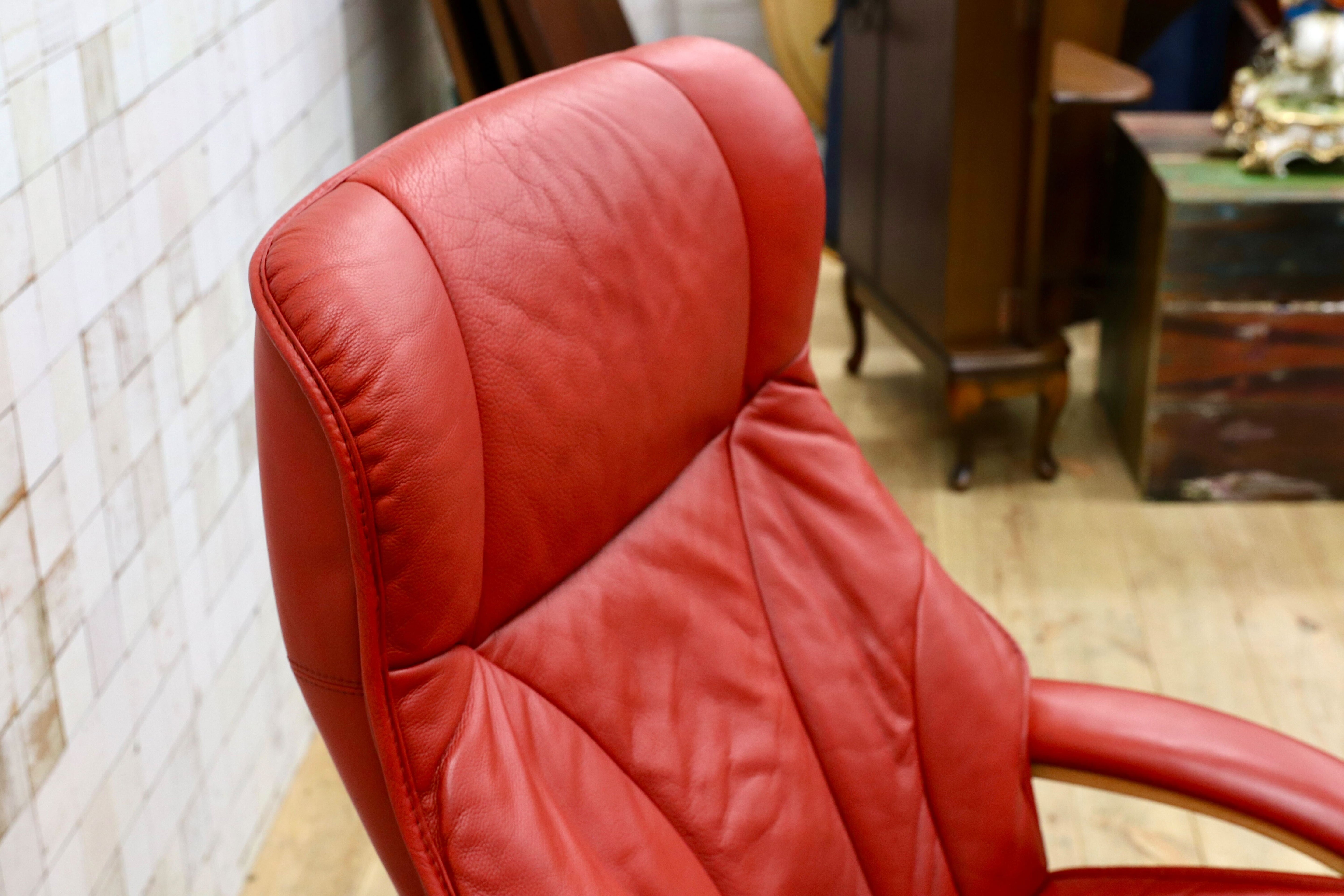 GMIK774○Simmons / シモンズ Fjords フィヨルド イエリアーダ ロッキングチェア パーソナルチェア 赤 本革 北欧 ノルウェー 稀少