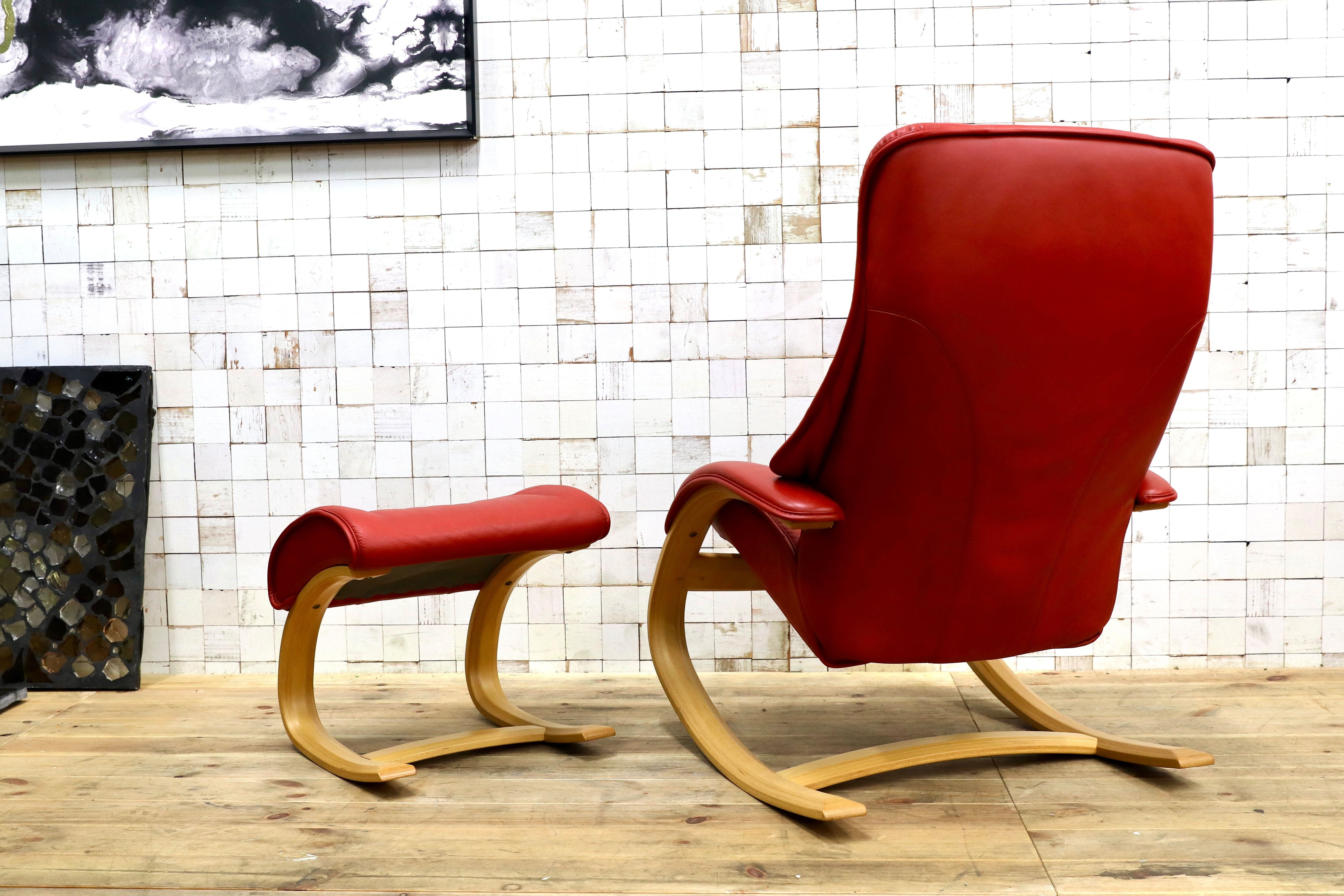 GMIK774○Simmons / シモンズ Fjords フィヨルド イエリアーダ ロッキングチェア パーソナルチェア 赤 本革 北欧 ノルウェー 稀少