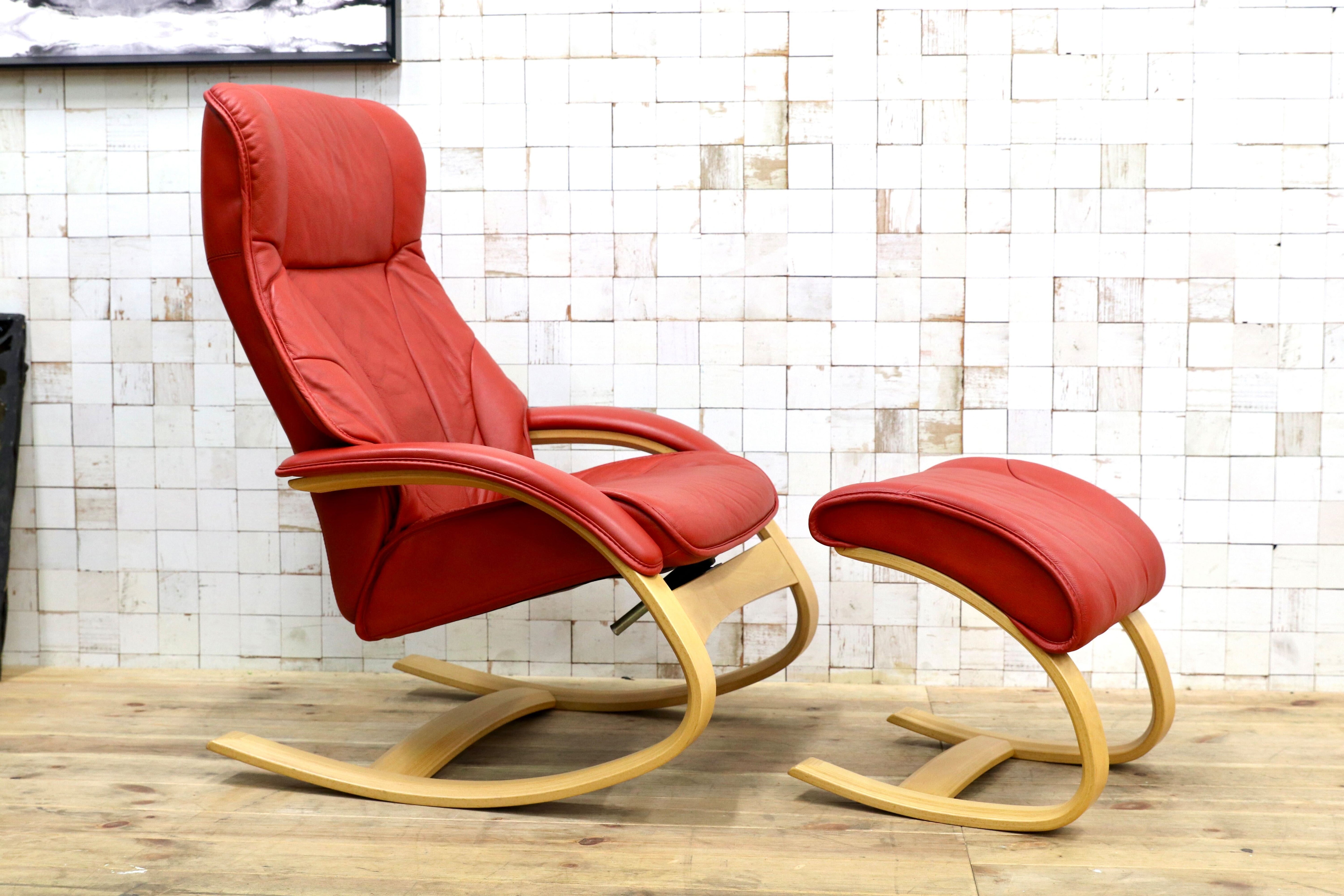 GMIK774○Simmons / シモンズ Fjords フィヨルド イエリアーダ ロッキングチェア パーソナルチェア 赤 本革 北欧 ノルウェー 稀少