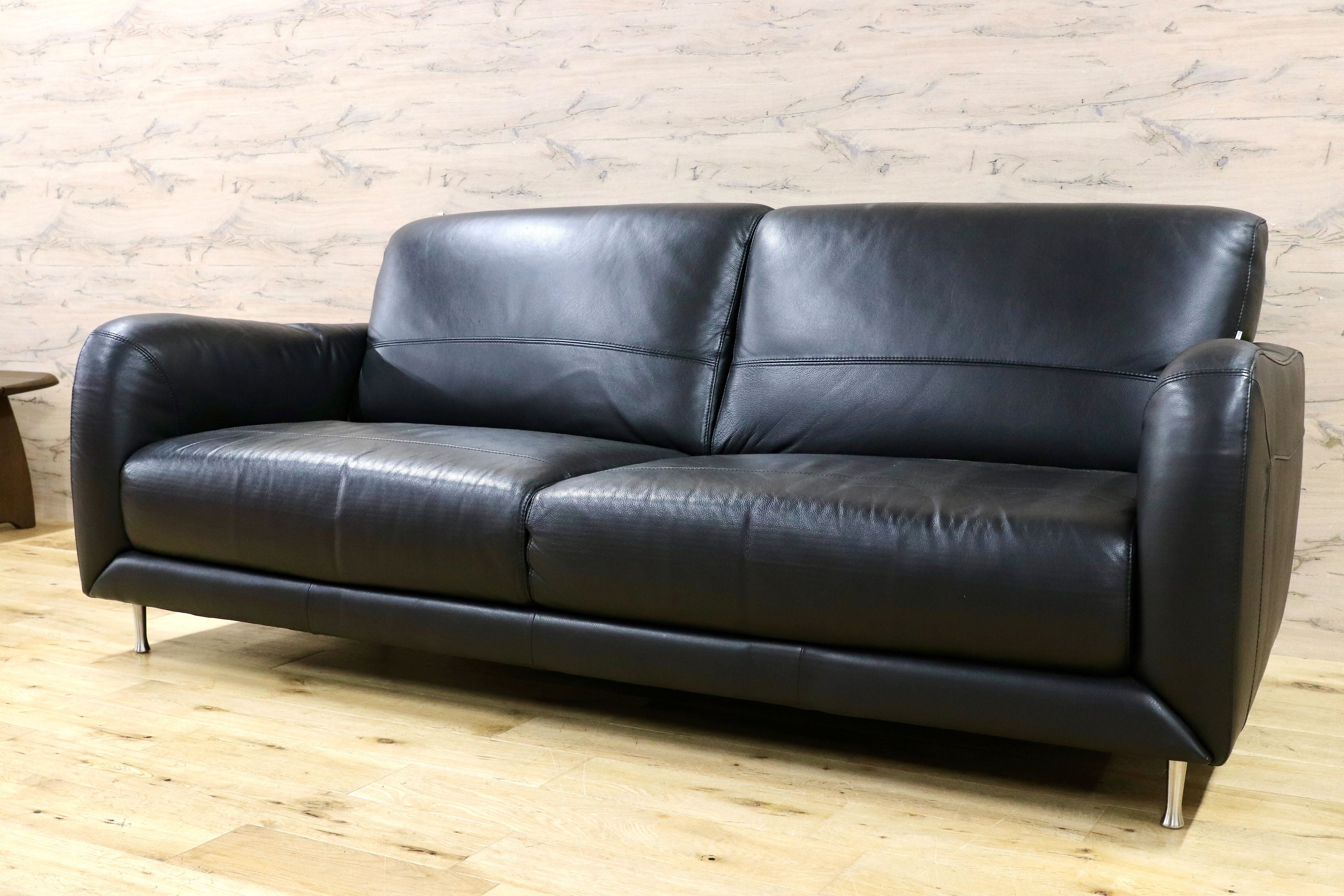 GMHH392○TOK&STOK イタリア製 2.5人掛けソファ トリプルソファ 黒 本革 レザー モダン 長椅子 購入約60万