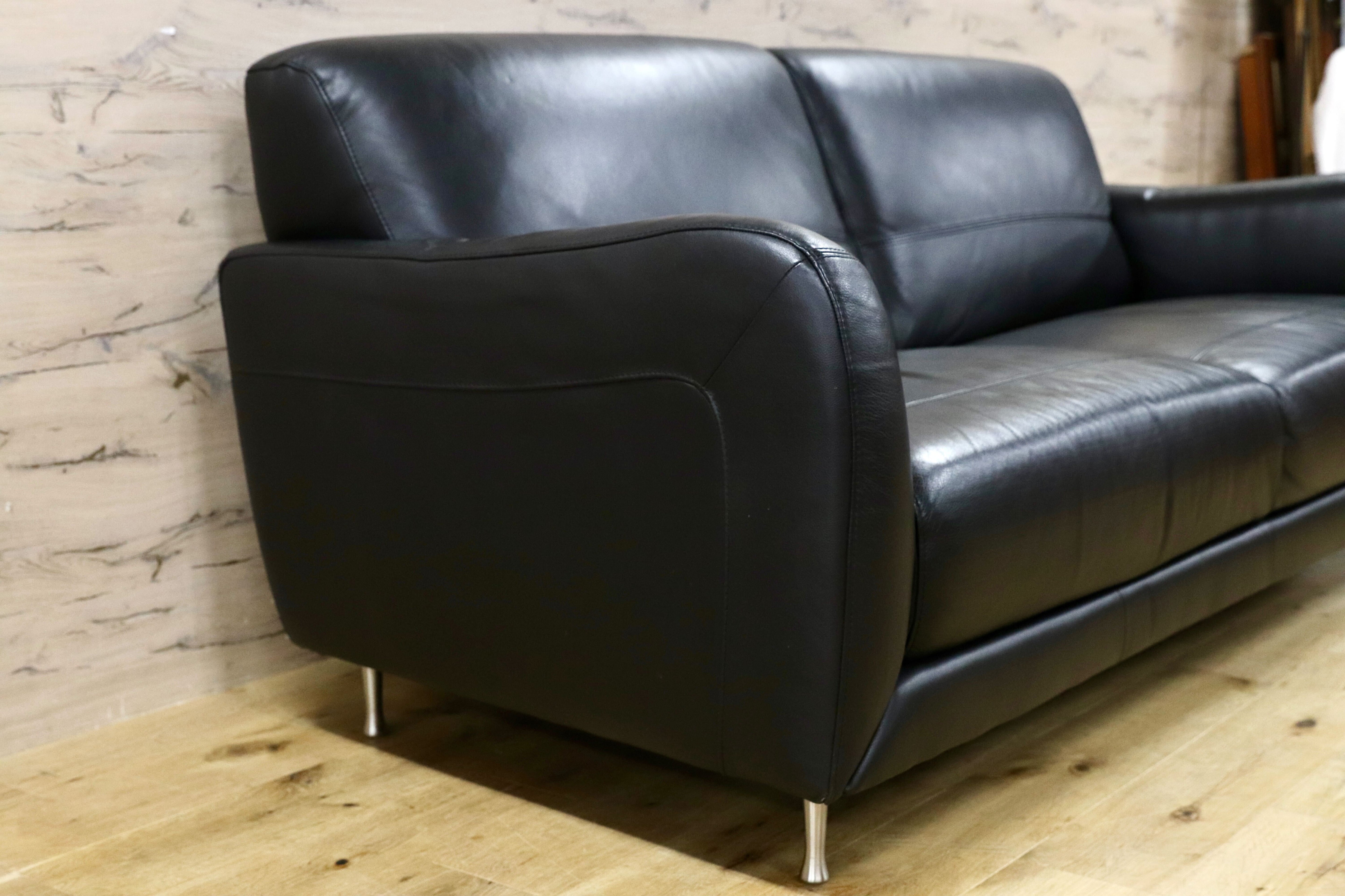 GMHH392○TOK&STOK イタリア製 2.5人掛けソファ トリプルソファ 黒 本革 レザー モダン 長椅子 購入約60万