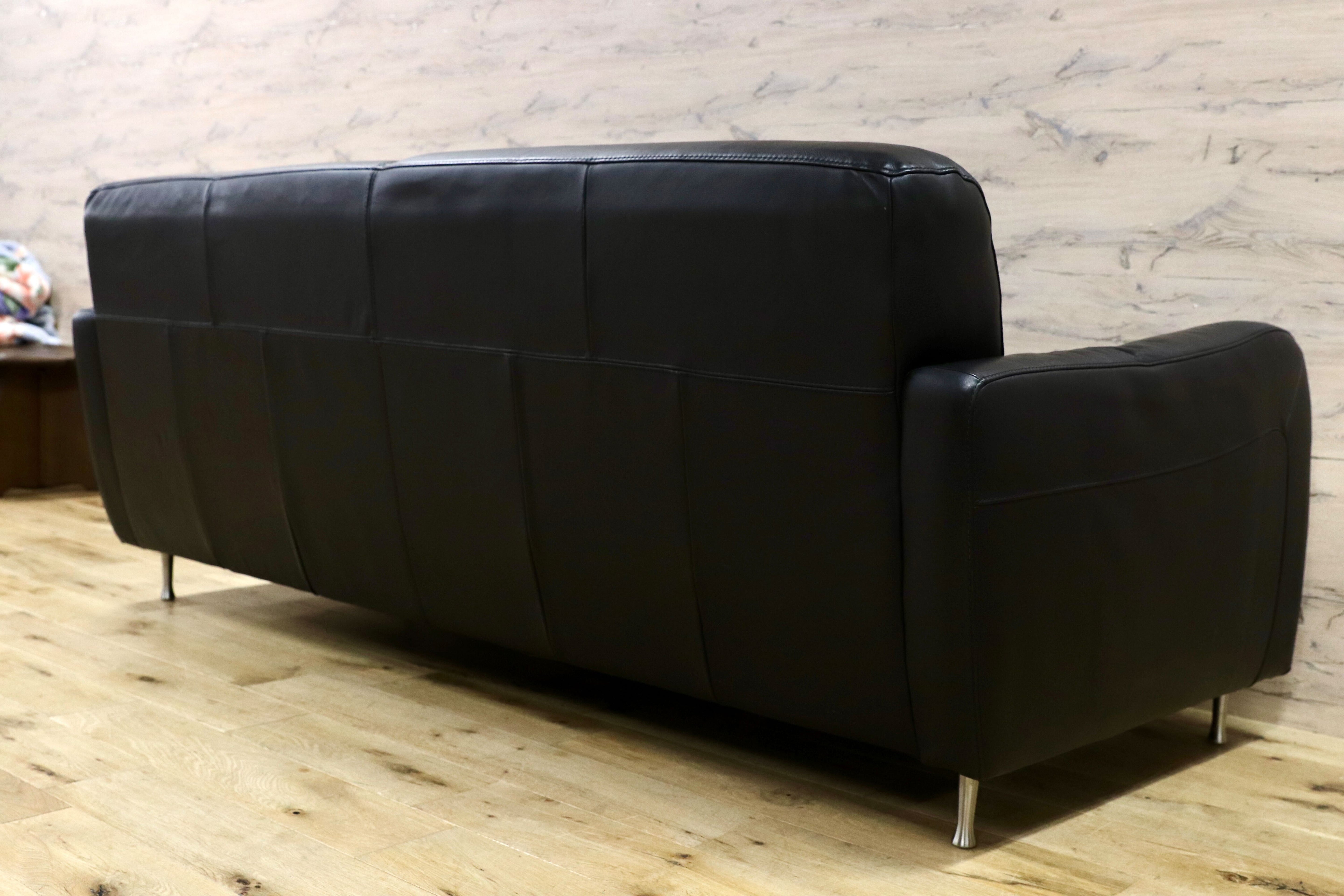 GMHH392○TOK&STOK イタリア製 2.5人掛けソファ トリプルソファ 黒 本革 レザー モダン 長椅子 購入約60万