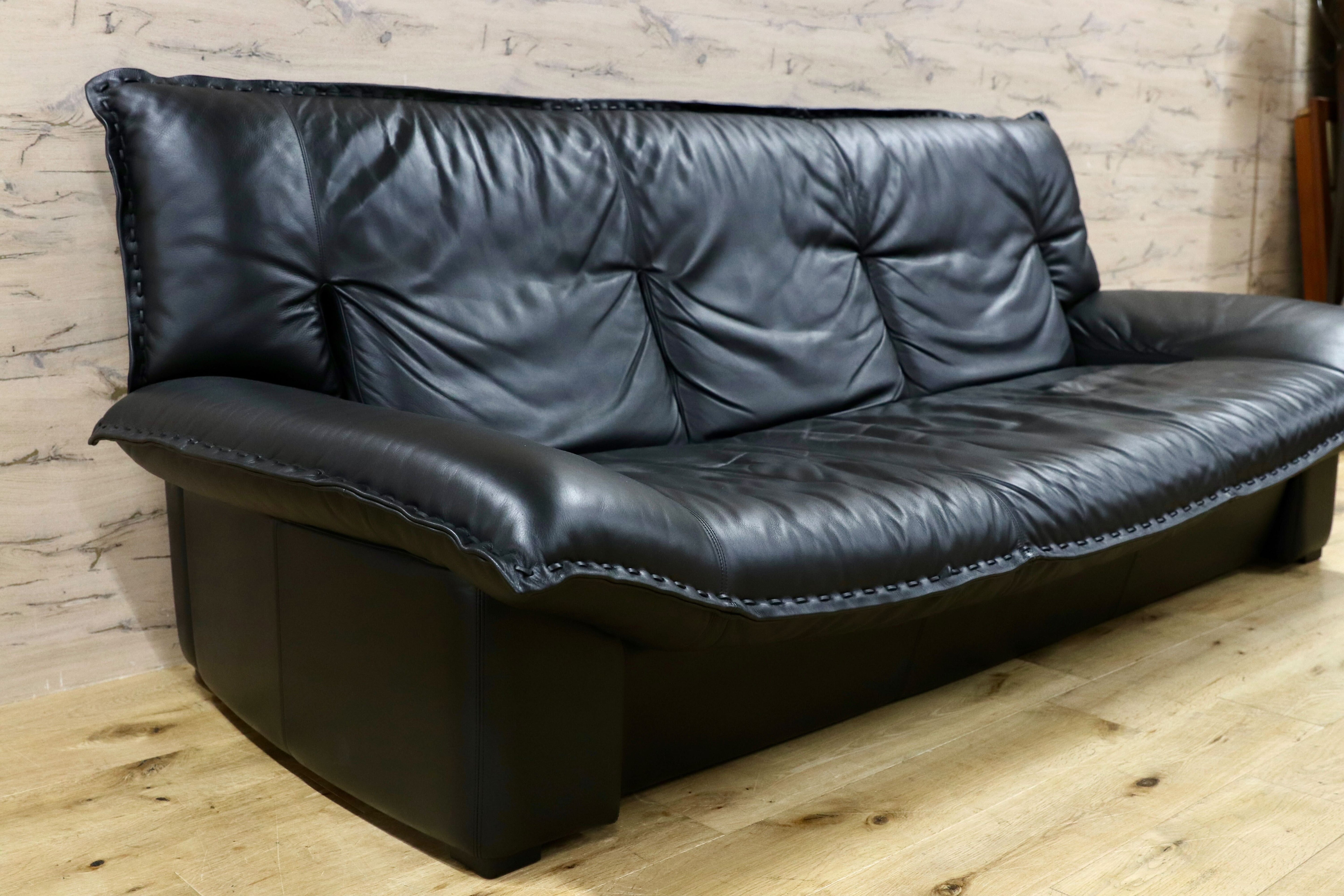 GMHH311○冨士ファニチア / FUJI FURNITURE 3人掛けソファ トリプルソファ 長椅子 3シーター 国産家具 ヴィンテージ 本革 ブラック