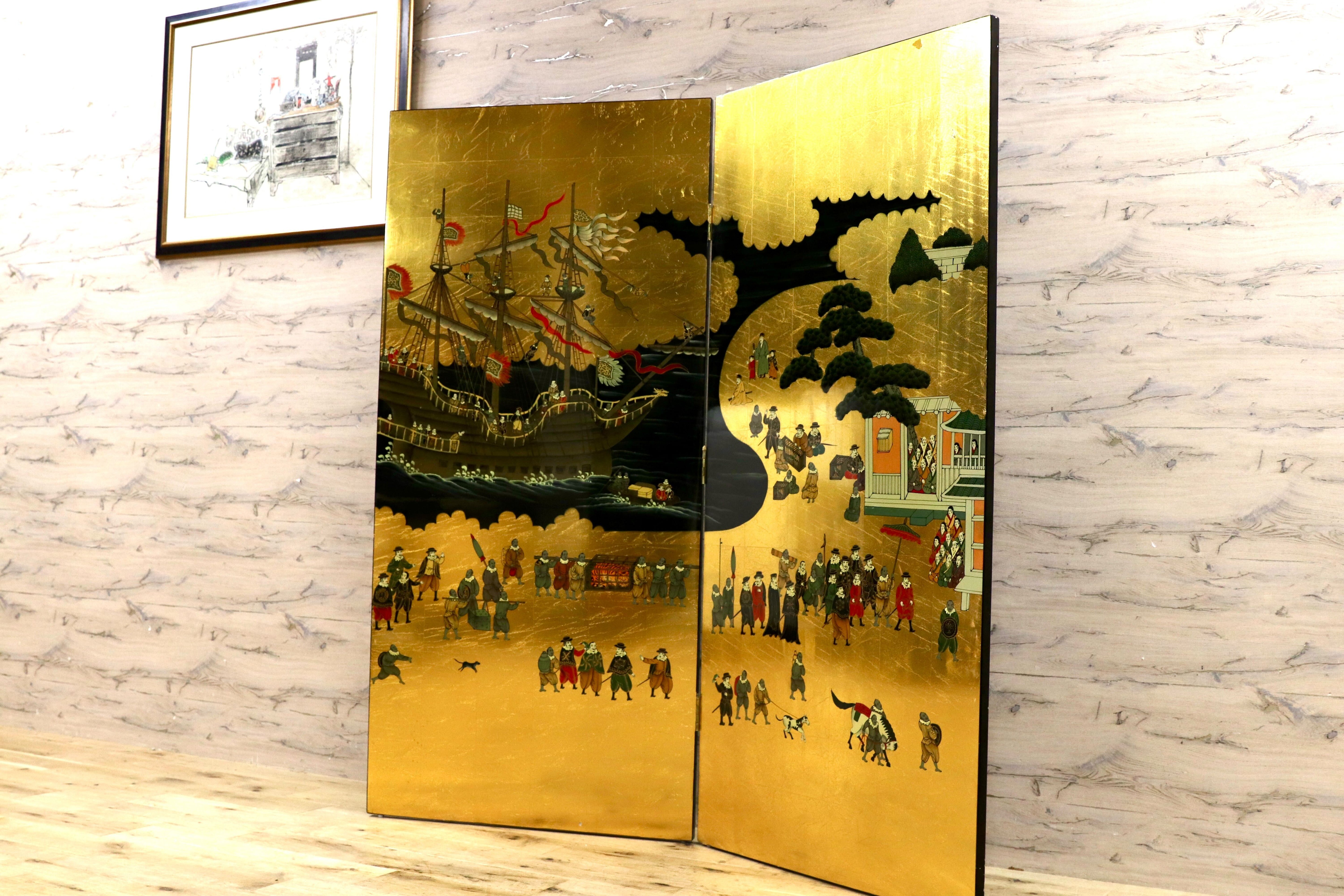 GMIS454○南蛮屏風 金屏風 衝立 パーテーション オブジェ アンティーク 2曲