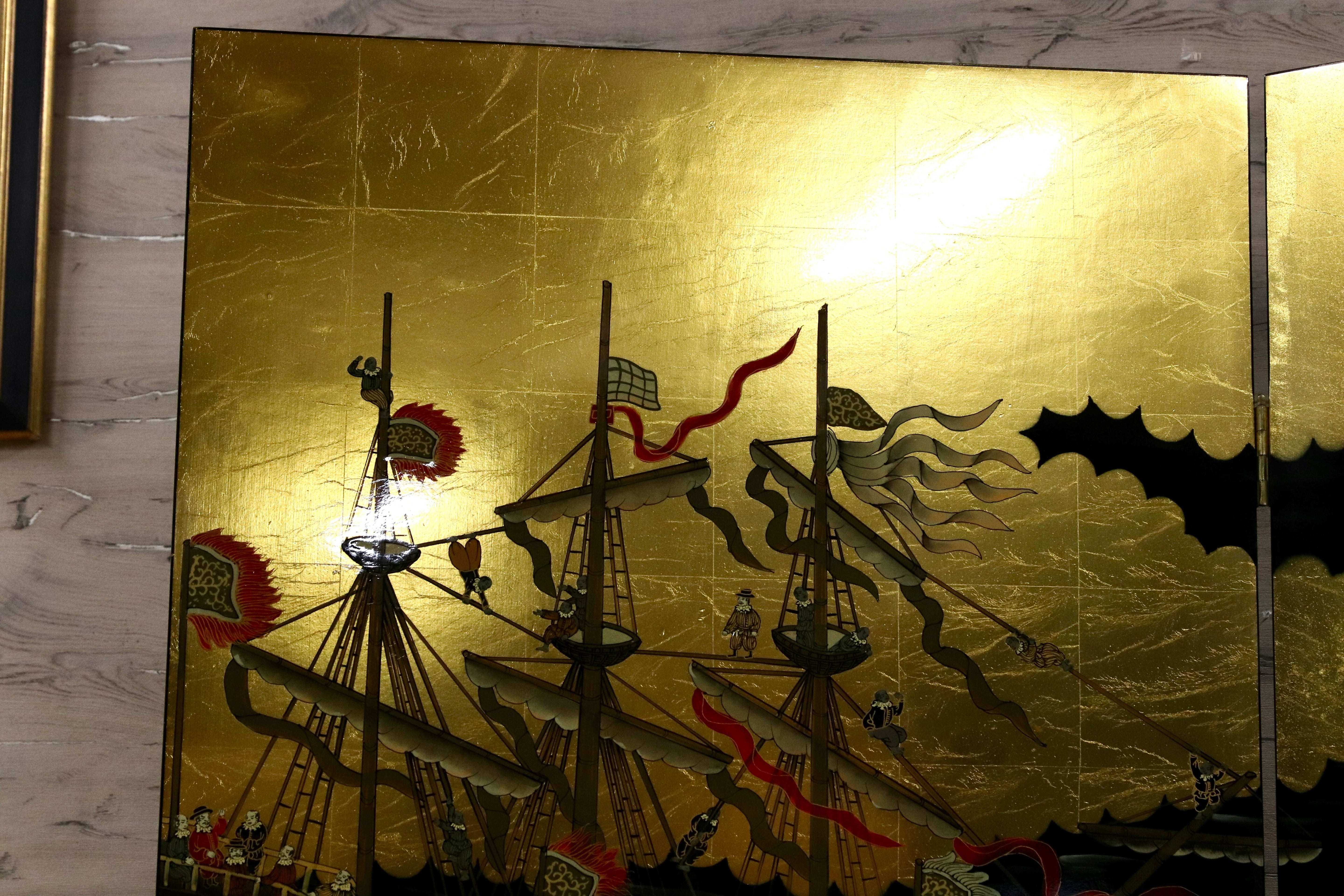 GMIS454○南蛮屏風 金屏風 衝立 パーテーション オブジェ アンティーク 2曲