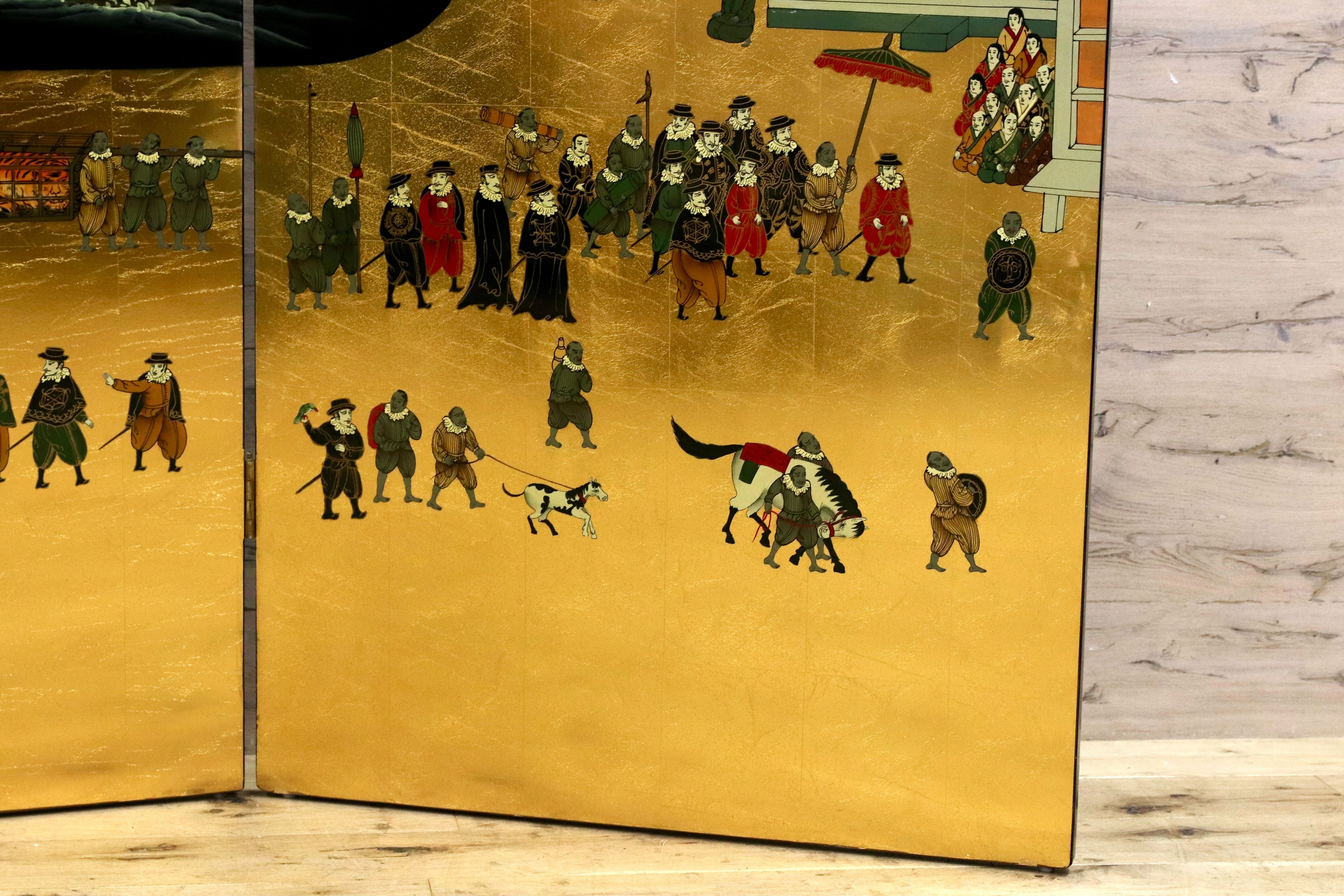 GMIS454○南蛮屏風 金屏風 衝立 パーテーション オブジェ アンティーク 2曲