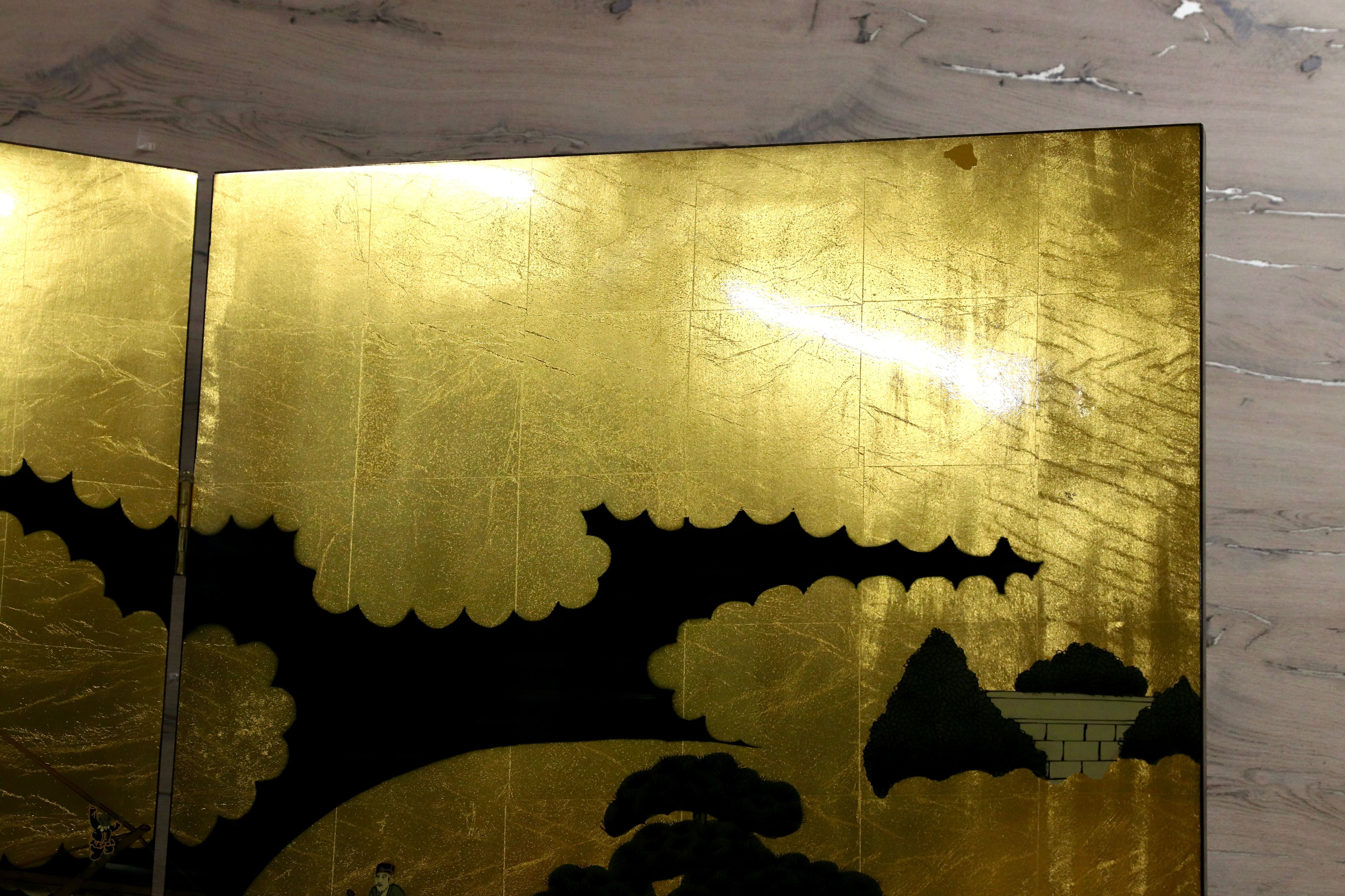 GMIS454○南蛮屏風 金屏風 衝立 パーテーション オブジェ アンティーク 2曲