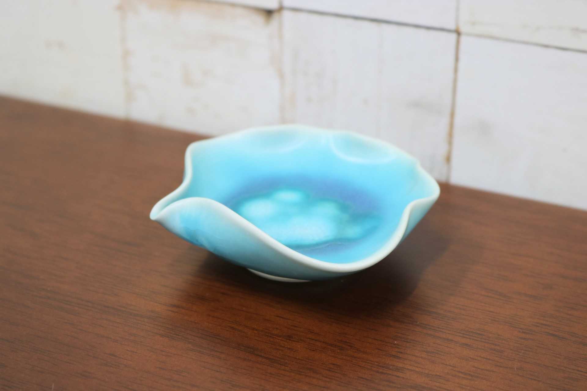 GMJO81C○千代市陶房 清水万佐年 丹波焼 トルコブルー輪花皿 伝統工芸 丹波篠山 未使用
