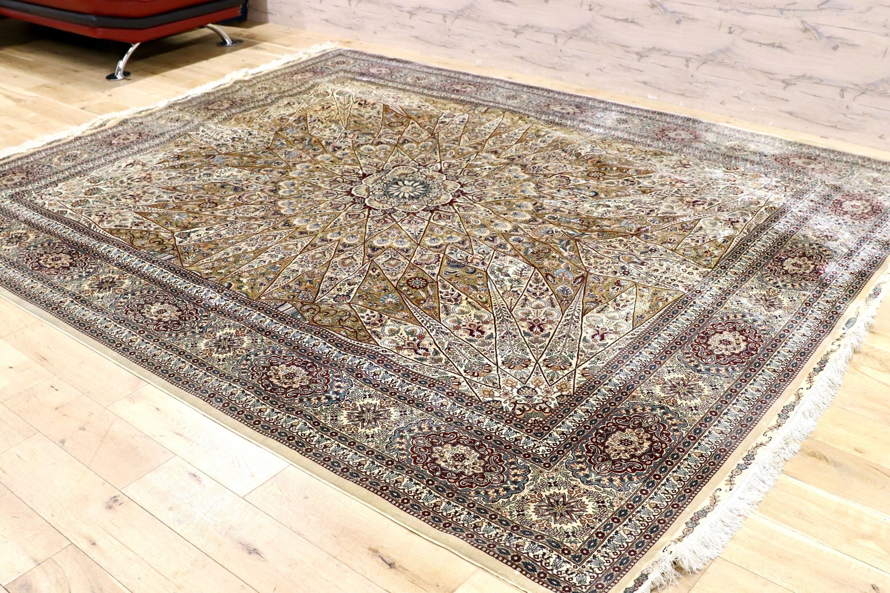 GMIK803○トルコ ヘレケ ペルシャ絨毯 シルク 手織り 大判 最高級 ヴィンテージ ラグ マット 工房サイン有 約300万