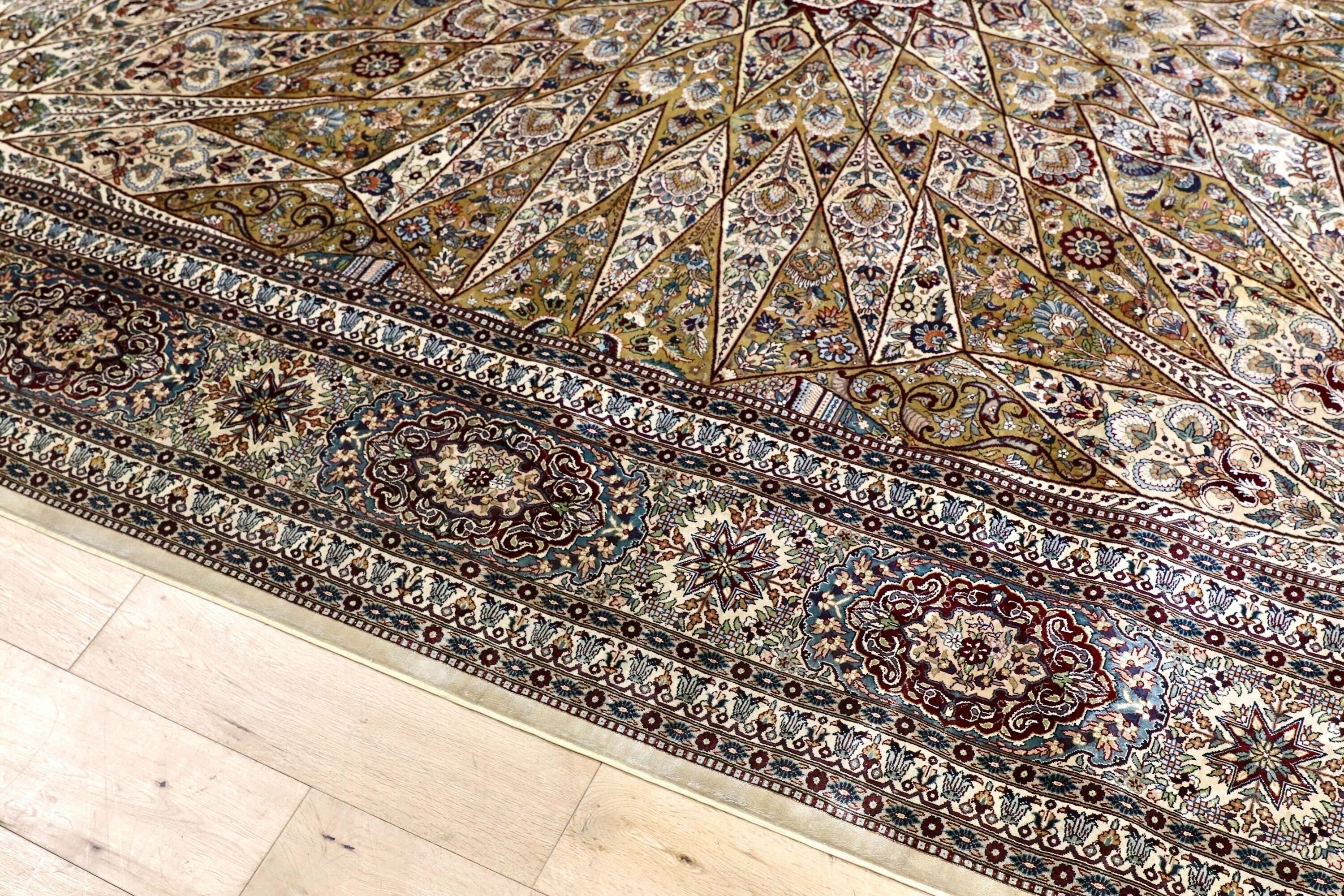 GMIK803○トルコ ヘレケ ペルシャ絨毯 シルク 手織り 大判 最高級 ヴィンテージ ラグ マット 工房サイン有 約300万