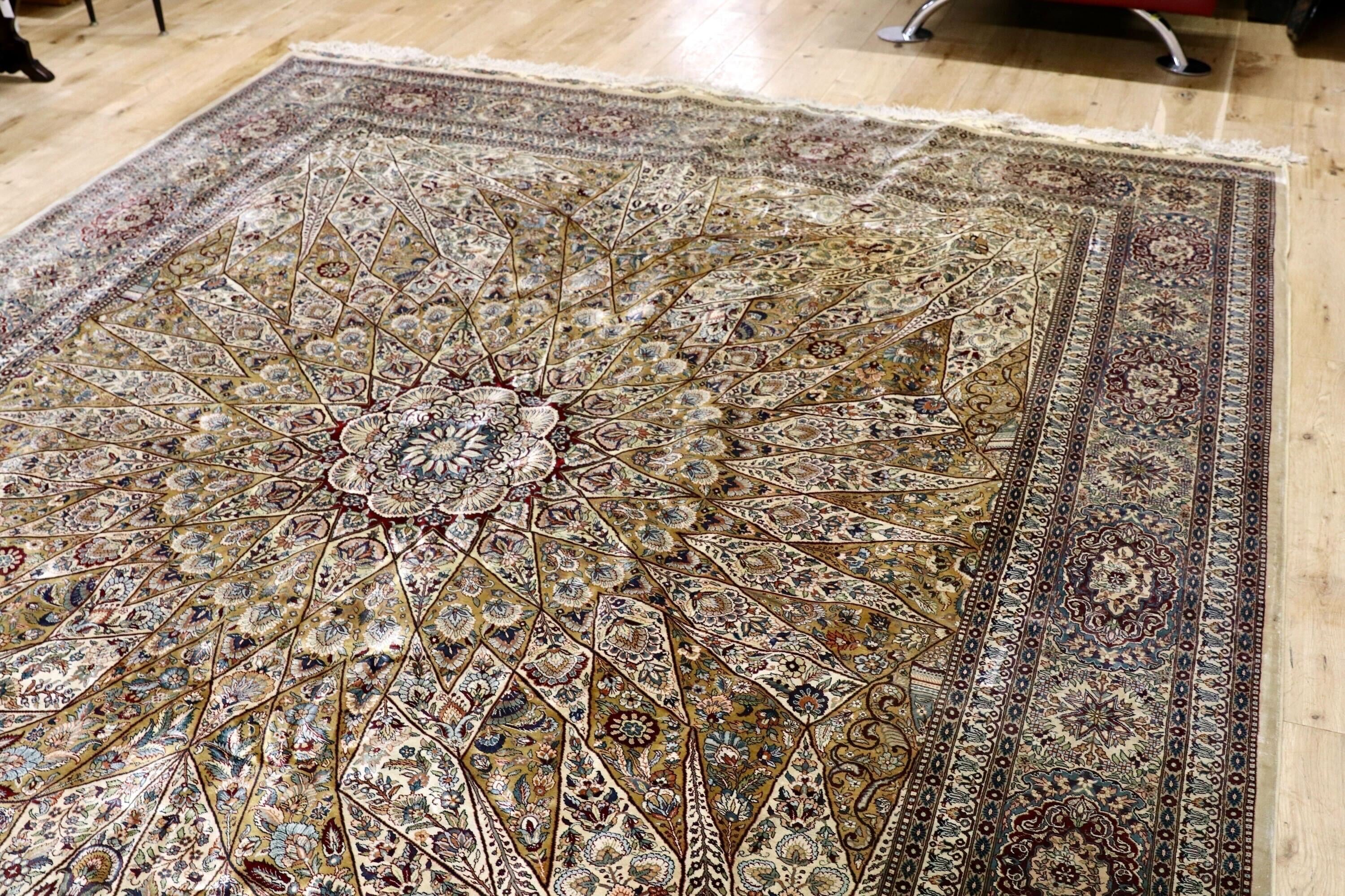 GMIK803○トルコ ヘレケ ペルシャ絨毯 シルク 手織り 大判 最高級 ヴィンテージ ラグ マット 工房サイン有 約300万