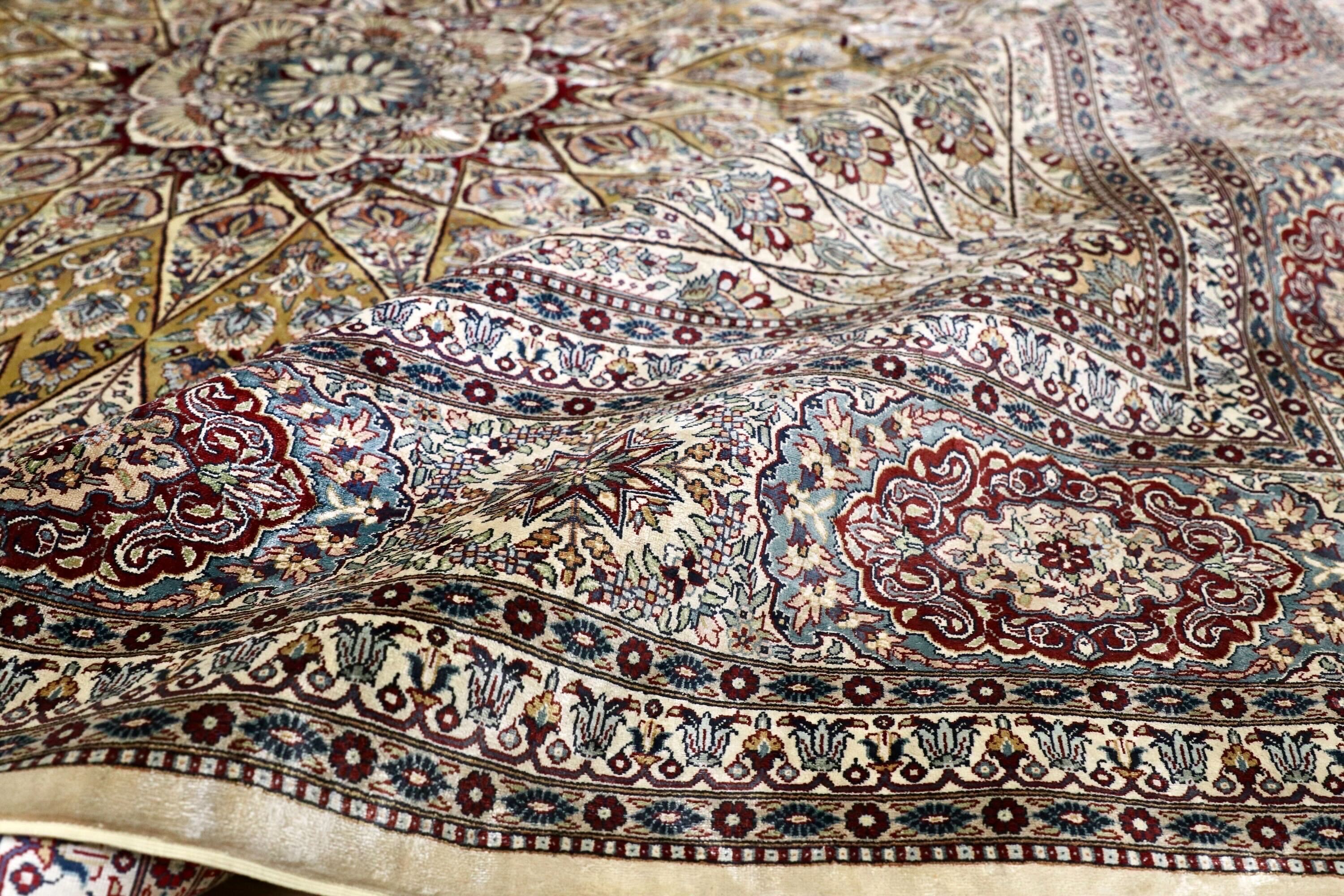 GMIK803○トルコ ヘレケ ペルシャ絨毯 シルク 手織り 大判 最高級 ヴィンテージ ラグ マット 工房サイン有 約300万