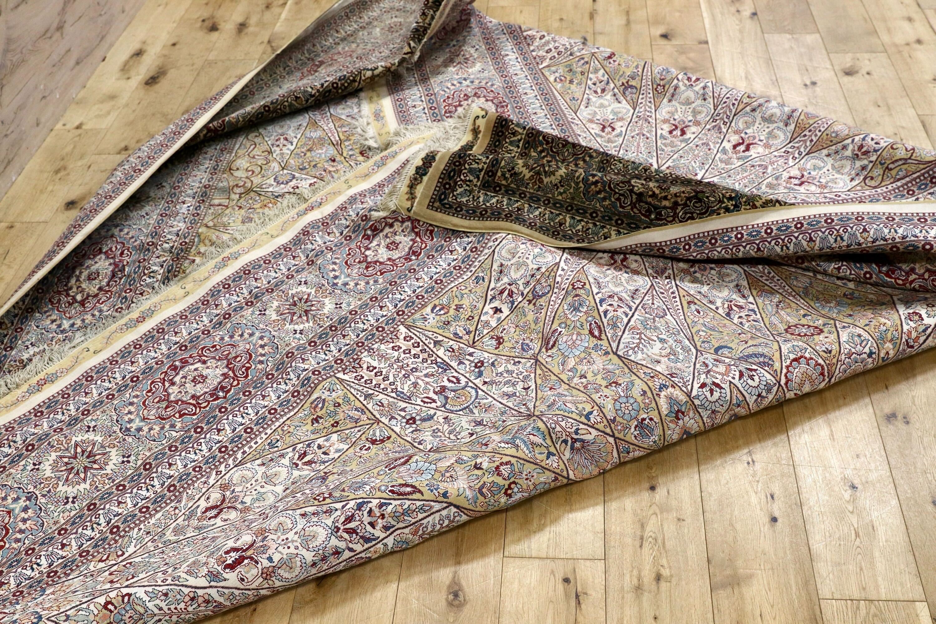 GMIK803○トルコ ヘレケ ペルシャ絨毯 シルク 手織り 大判 最高級 ヴィンテージ ラグ マット 工房サイン有 約300万