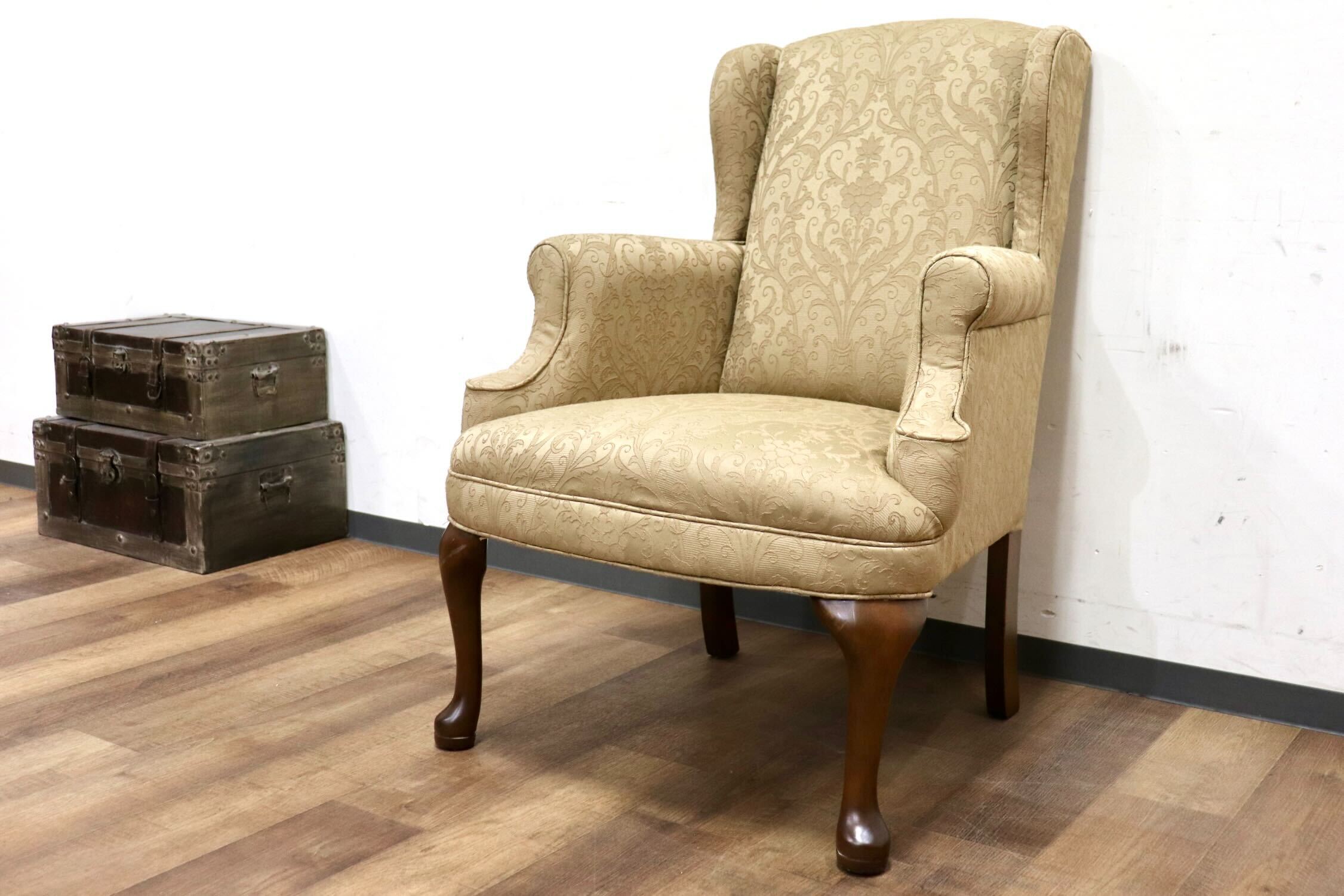 GMHH492A○西洋 アンティーク 1人掛けソファ アームチェア シングルソファ ウィングバックチェア ファブリック 猫脚 ヨーロピアン