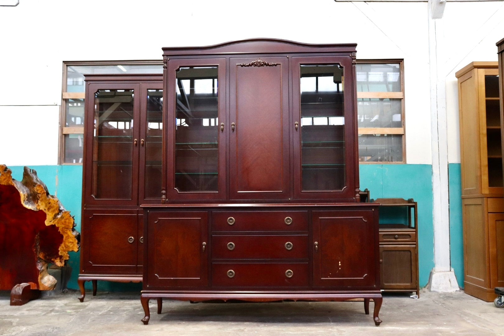 GMIH537○メープル不二屋 神戸元町欧風家具 大型カップボード キャビネット 食器棚 飾り棚 マホガニー材 クラシック アンティーク