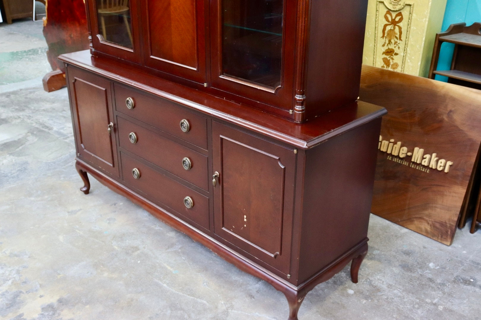 GMIH537○メープル不二屋 神戸元町欧風家具 大型カップボード キャビネット 食器棚 飾り棚 マホガニー材 クラシック アンティーク
