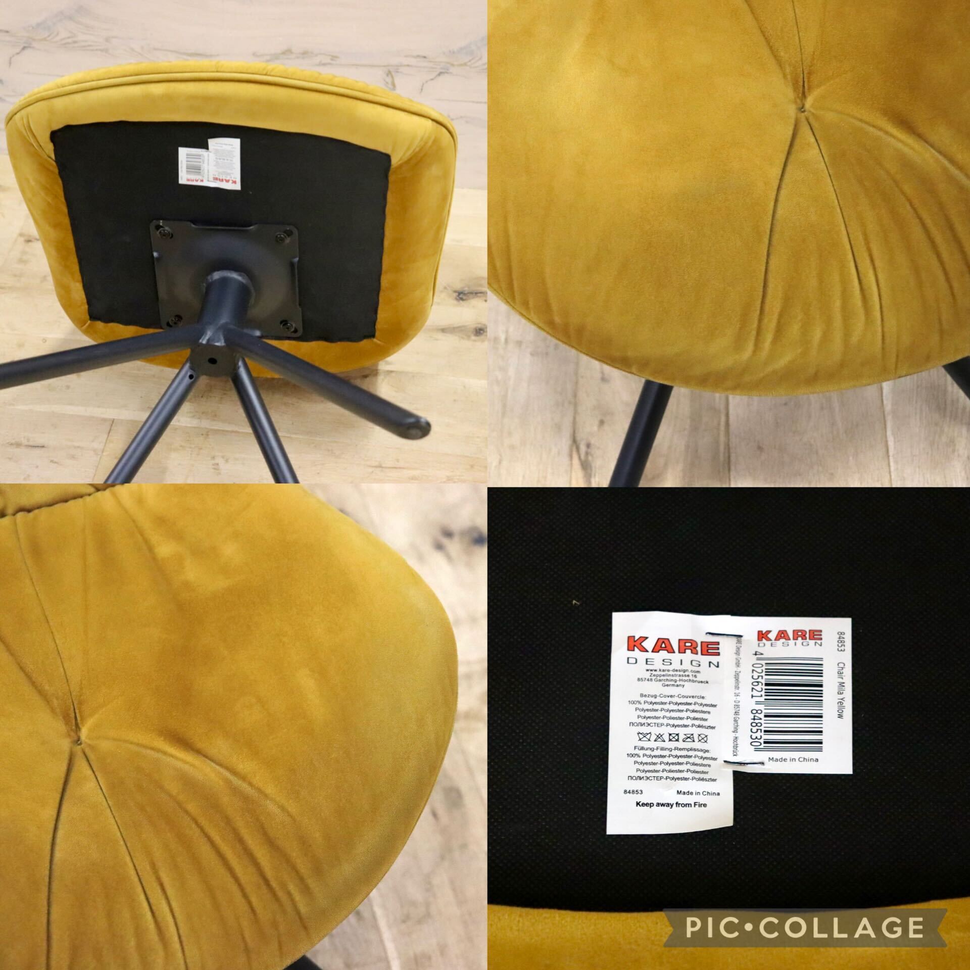 GMIK759B○KARE / カレ Mila ミラ ダイニングチェア 食卓椅子 ファブリック イエロー ベルベット調 モダン 定価約4.3万 廃番 希少 美品