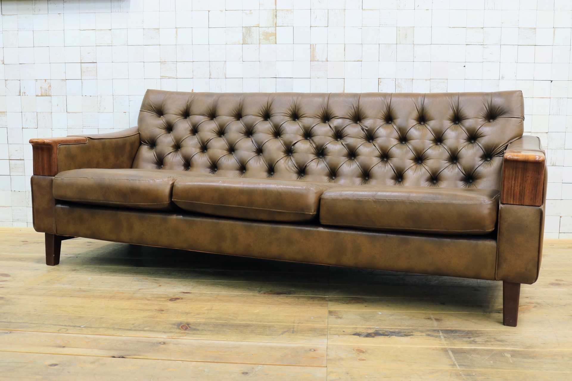 GMJH205C◯冨士ファニチア / FUJI FURNITUR 3人掛けソファ トリプルソファ レザー 応接室 昭和レトロ ヴィンテージ