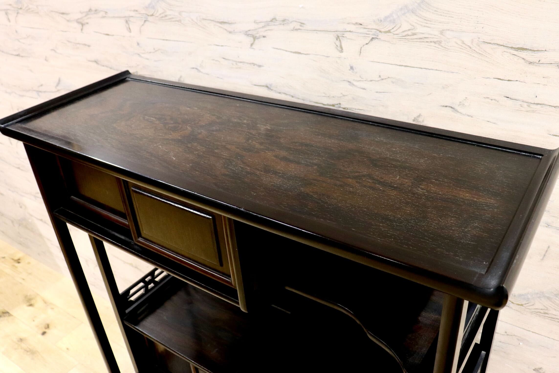 GMIH294○黒檀 飾り棚 透かし彫り 和製 アンティーク 茶棚 飾り棚 サイドボード キャビネット 茶道具 茶道 棚 置き台 華道