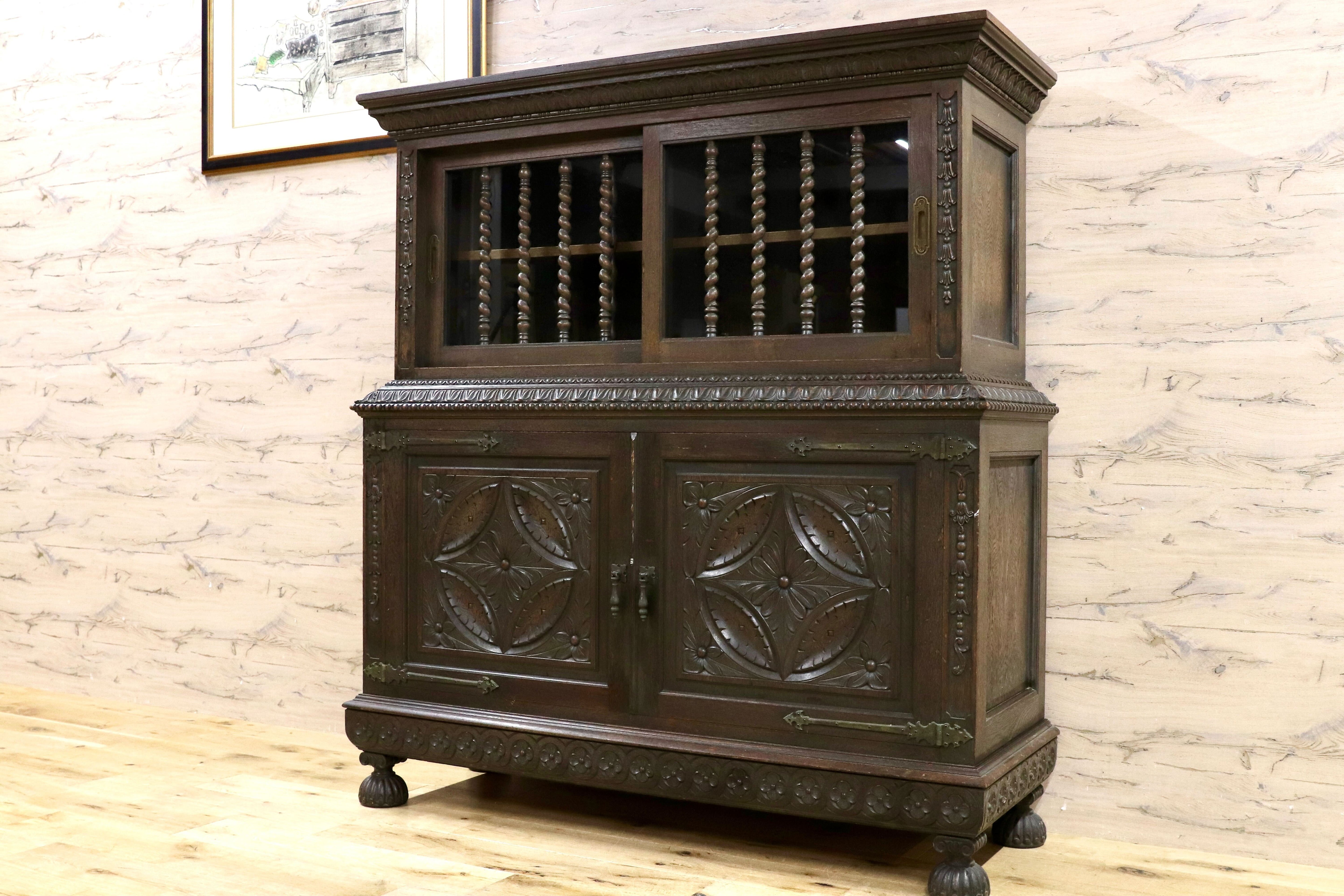 GMHS514○最高級 神戸家具 和製 ヴィンテージ サイドボード リビングボード 洋家具 レトロ アンティーク 楢無垢材 クラシック キャビネット