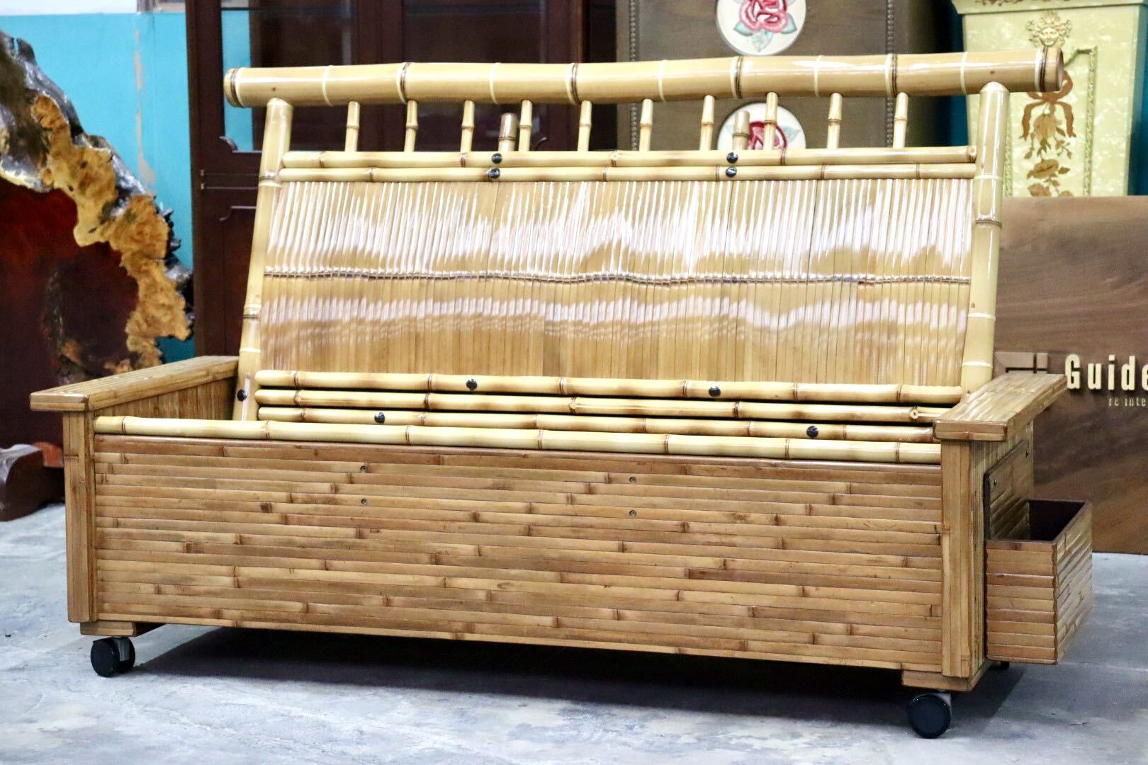 GMJK129○梅里竹芸 健康長椅子 2人掛けソファ ラブソファ 真竹 伝統工芸 ベンチ 和モダン 最高級 竹家具 キャスター 定価約35万 美品