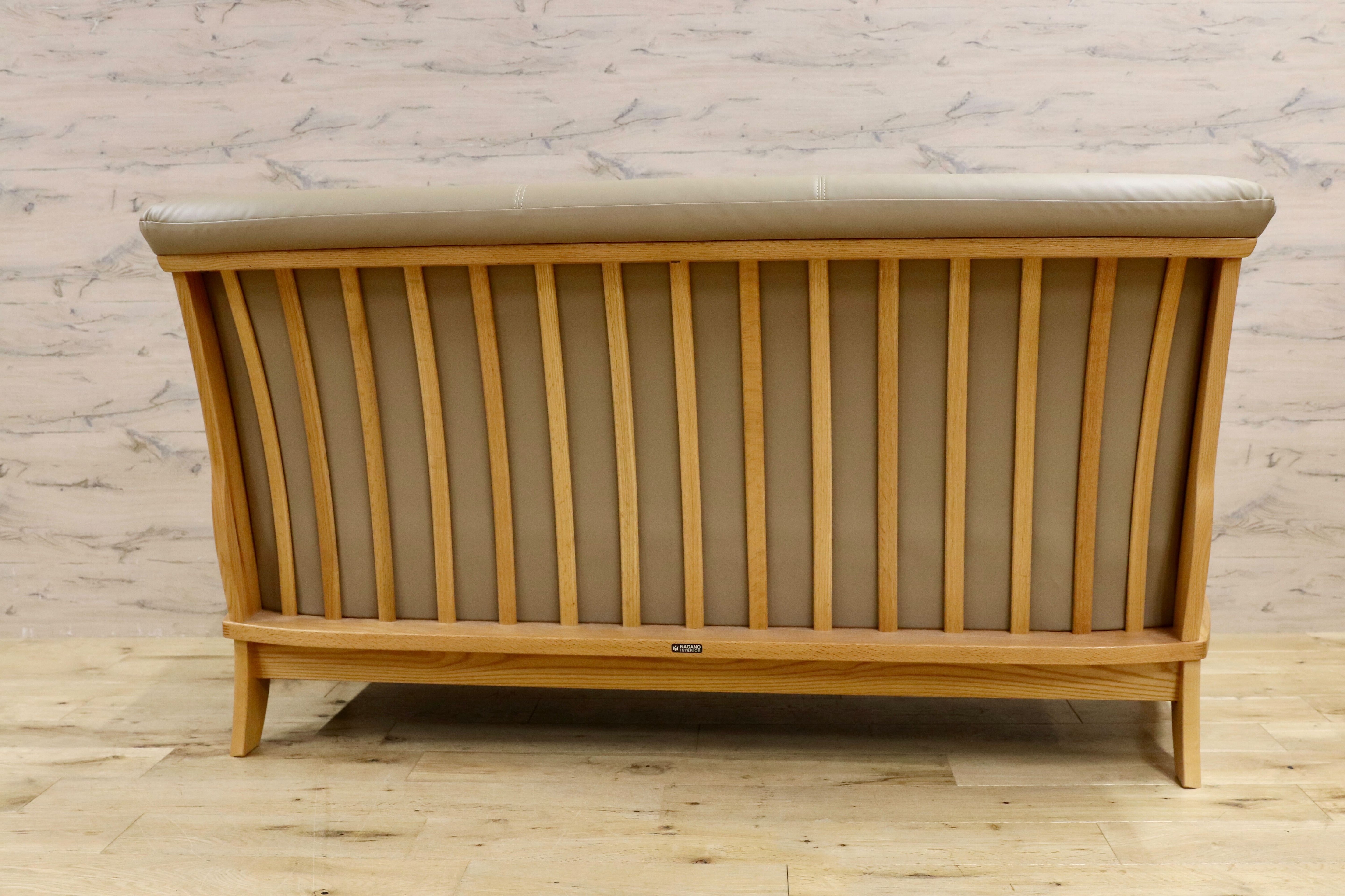 GMIS483D○NAGANO INTERIOR / ナガノインテリア 3人掛けソファ リビングソファ ベンチソファ トリプルソファ オーク材 合皮 美品