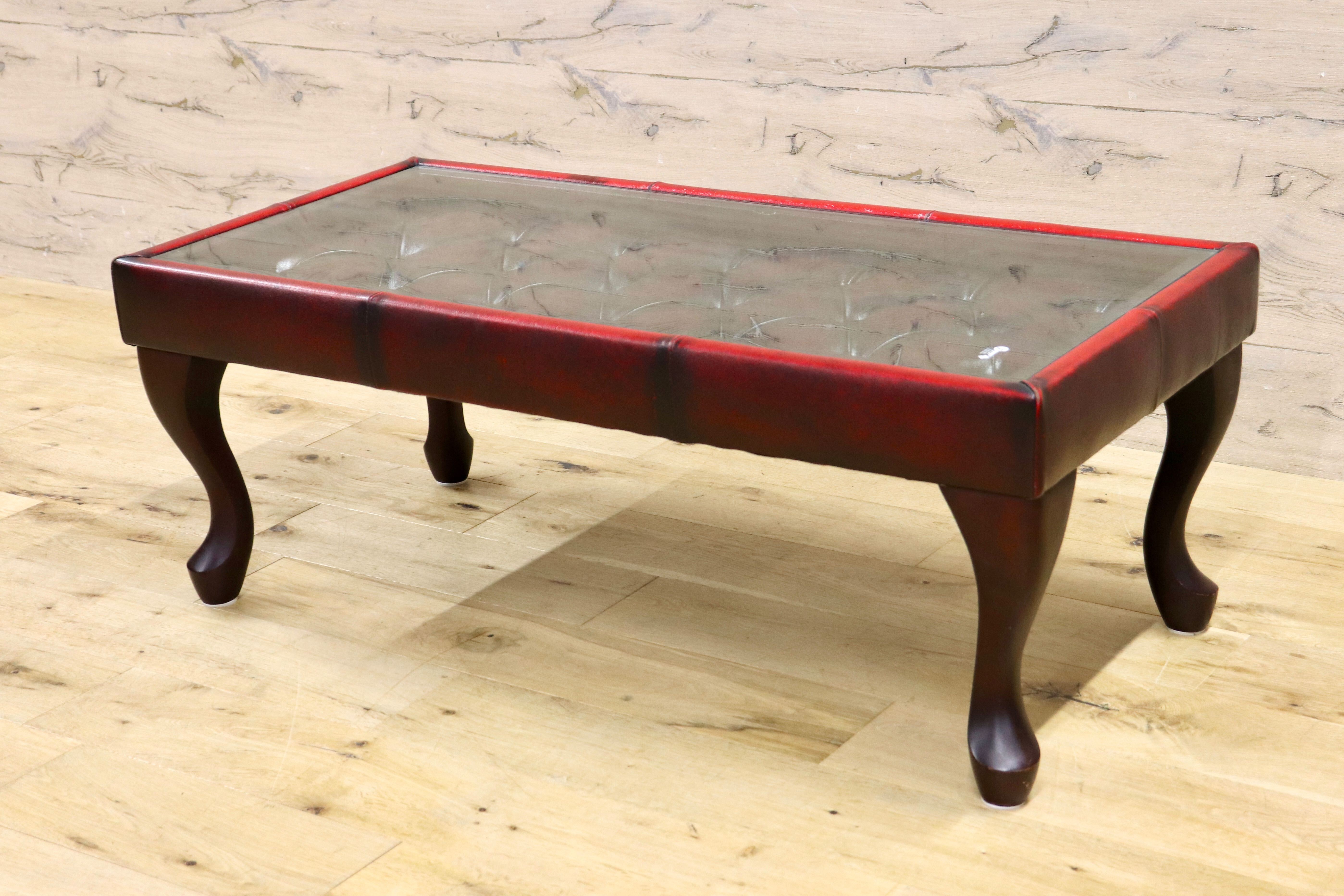 GMIH299B○チェスターフィールド センターテーブル リーズ コーヒーテーブル ガラストップ レザー 猫脚 ヴィンテージ アンティーク 英国