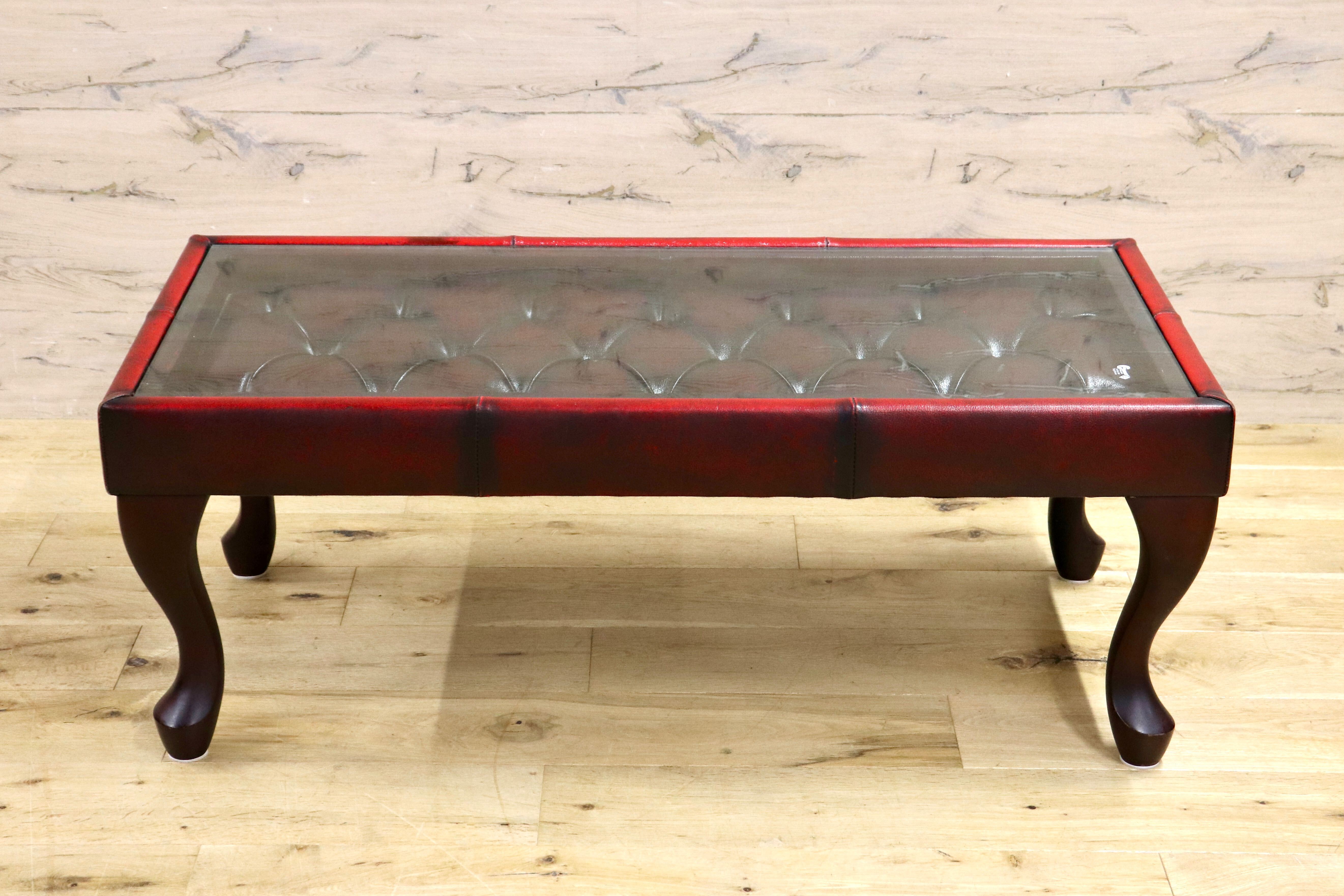 GMIH299B○チェスターフィールド センターテーブル リーズ コーヒーテーブル ガラストップ レザー 猫脚 ヴィンテージ アンティーク 英国