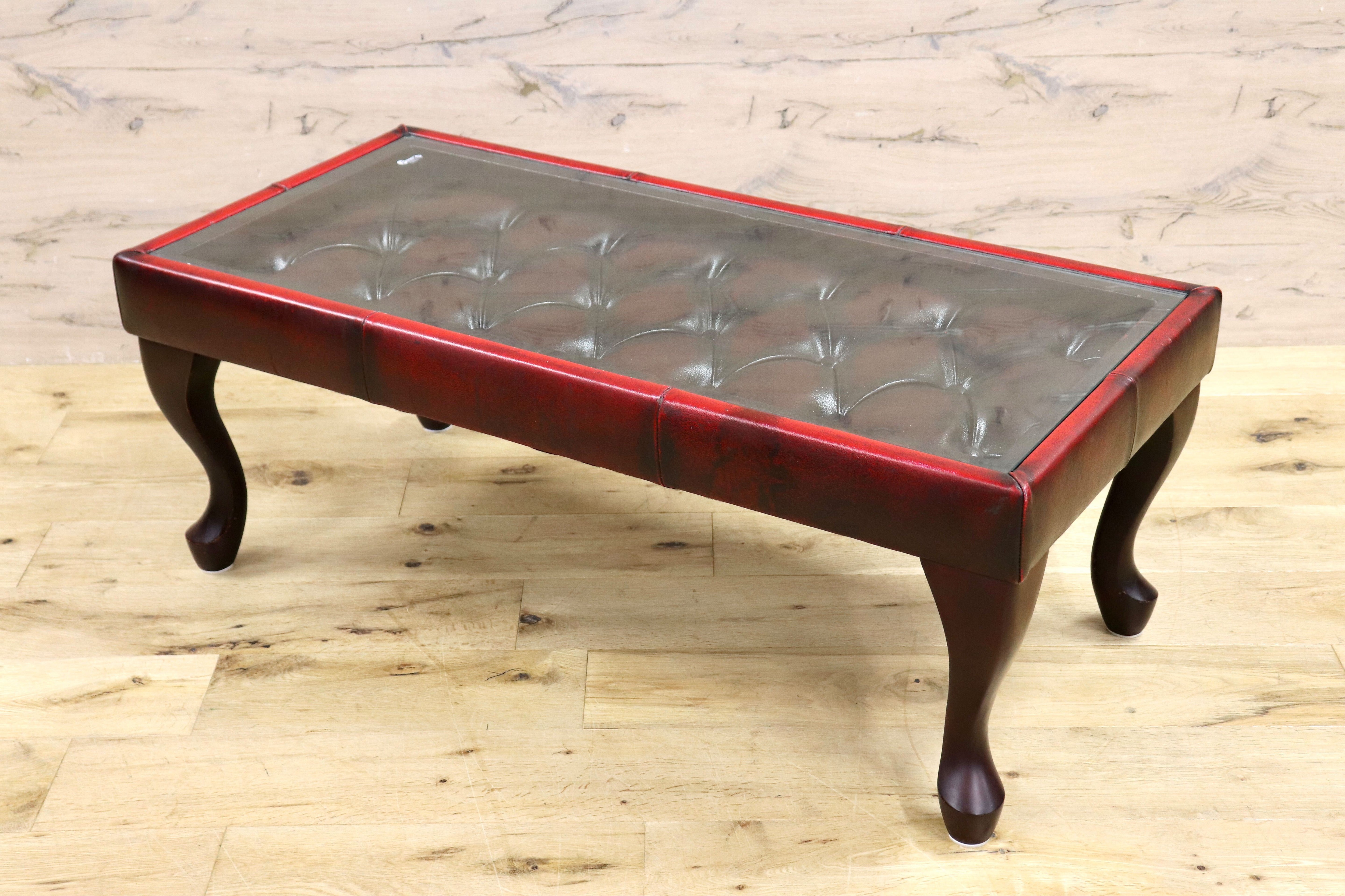 GMIH299B○チェスターフィールド センターテーブル リーズ コーヒーテーブル ガラストップ レザー 猫脚 ヴィンテージ アンティーク 英国