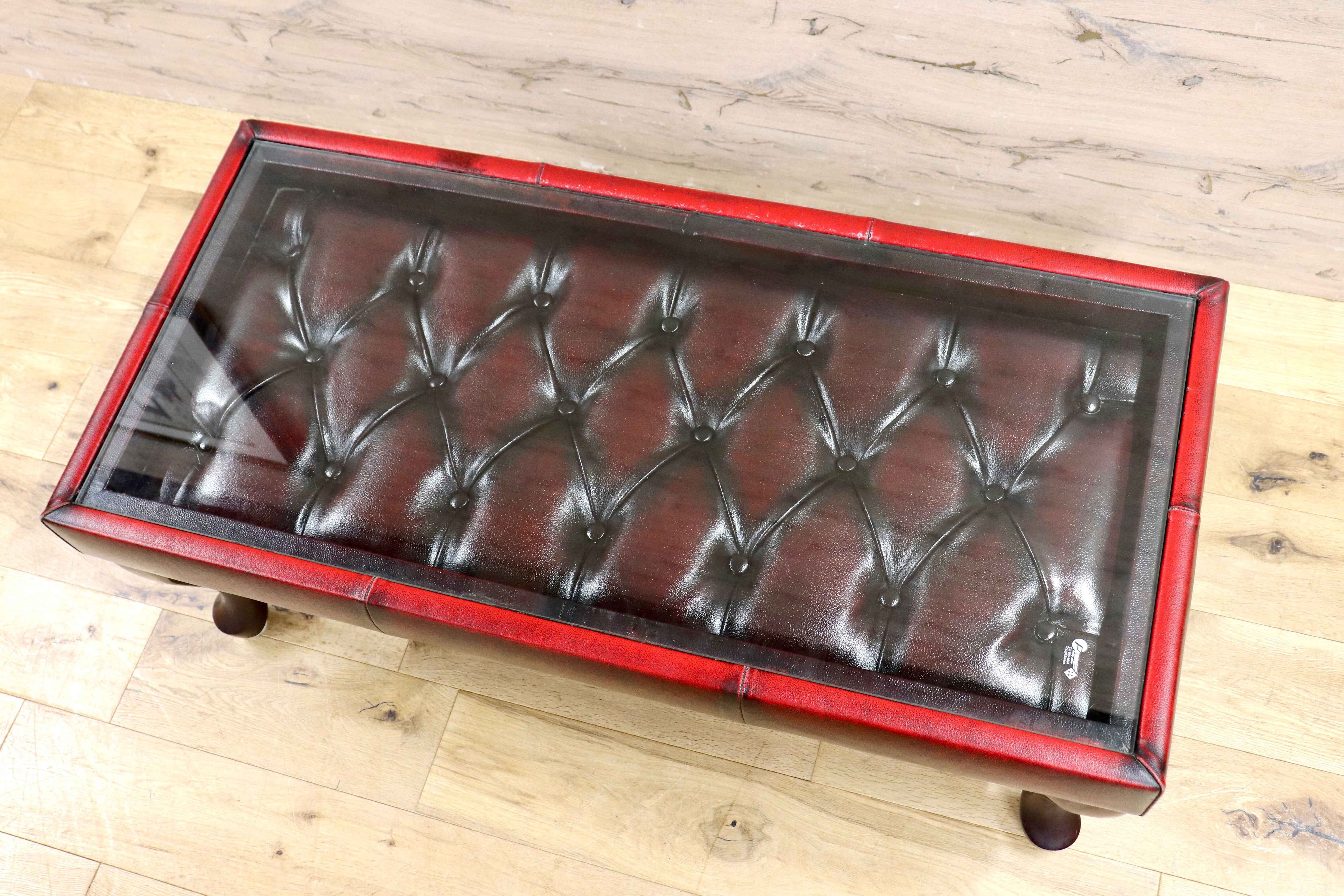 GMIH299B○チェスターフィールド センターテーブル リーズ コーヒーテーブル ガラストップ レザー 猫脚 ヴィンテージ アンティーク 英国