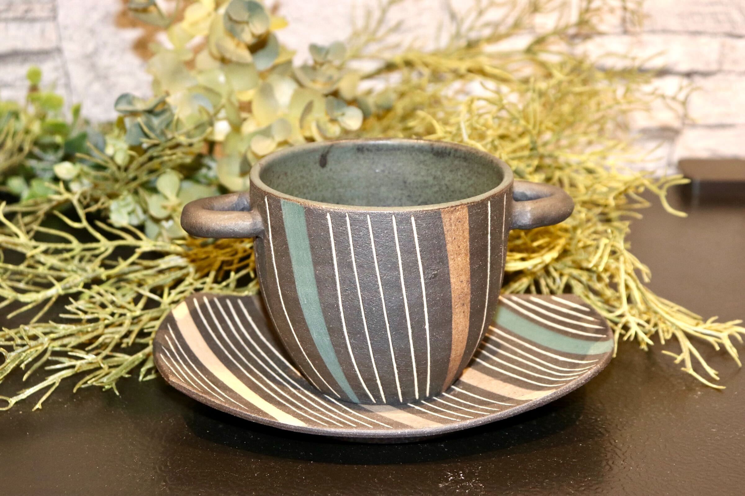 GMIO215◯市野悟窯 丹波焼 スープカップ&ソーサー 陶器 市野哲次 伝統工芸 丹波篠山 未使用