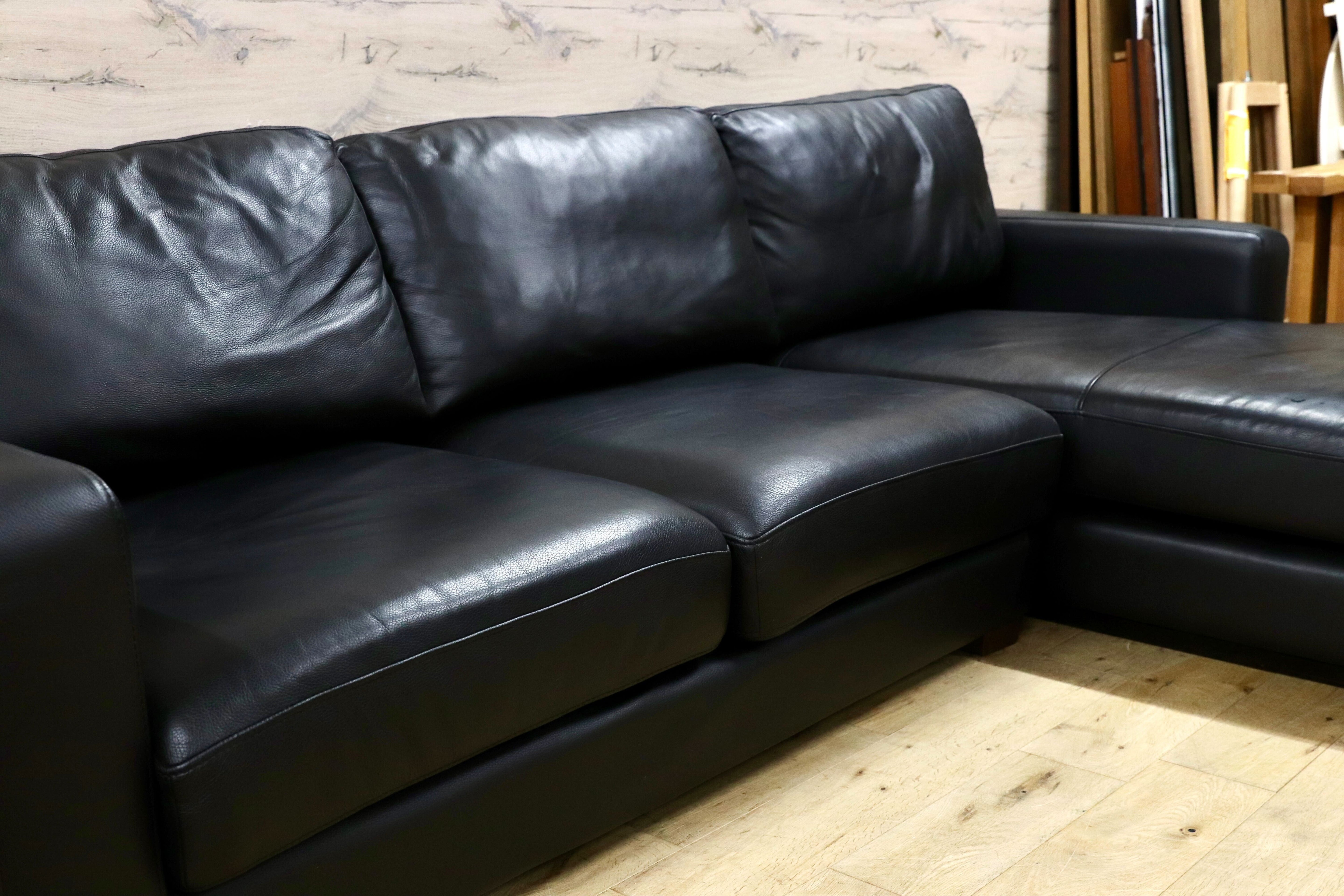 GMHN187○本革 黒 カウチソファ コーナーソファ リビングソファ スタイリッシュモダン 約23万