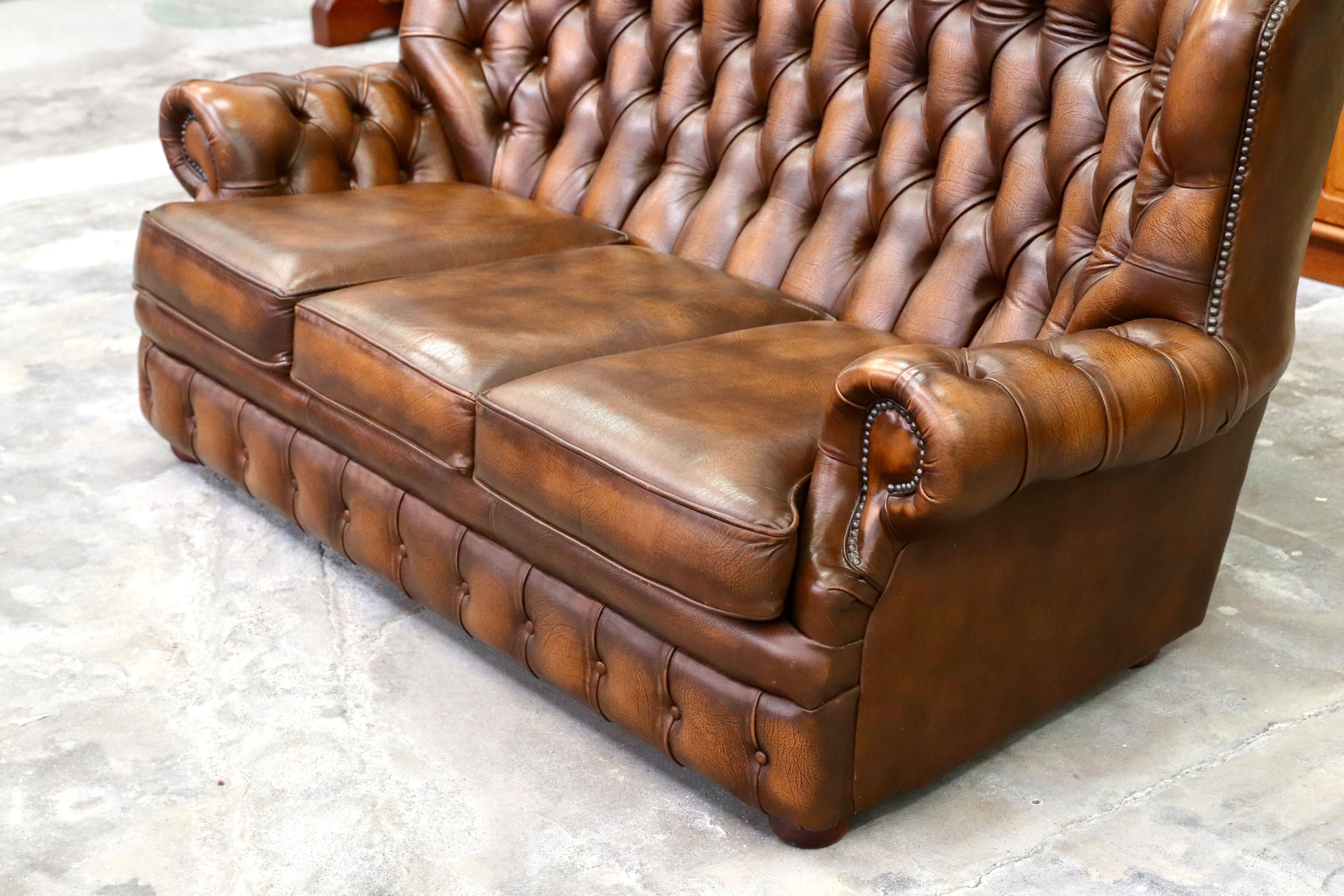 GMIK400C○centurion furniture 西洋 イギリス ヴィンテージ 3人掛けソファ トリプルソファ 長椅子 本革 ブラウン レザー 稀少
