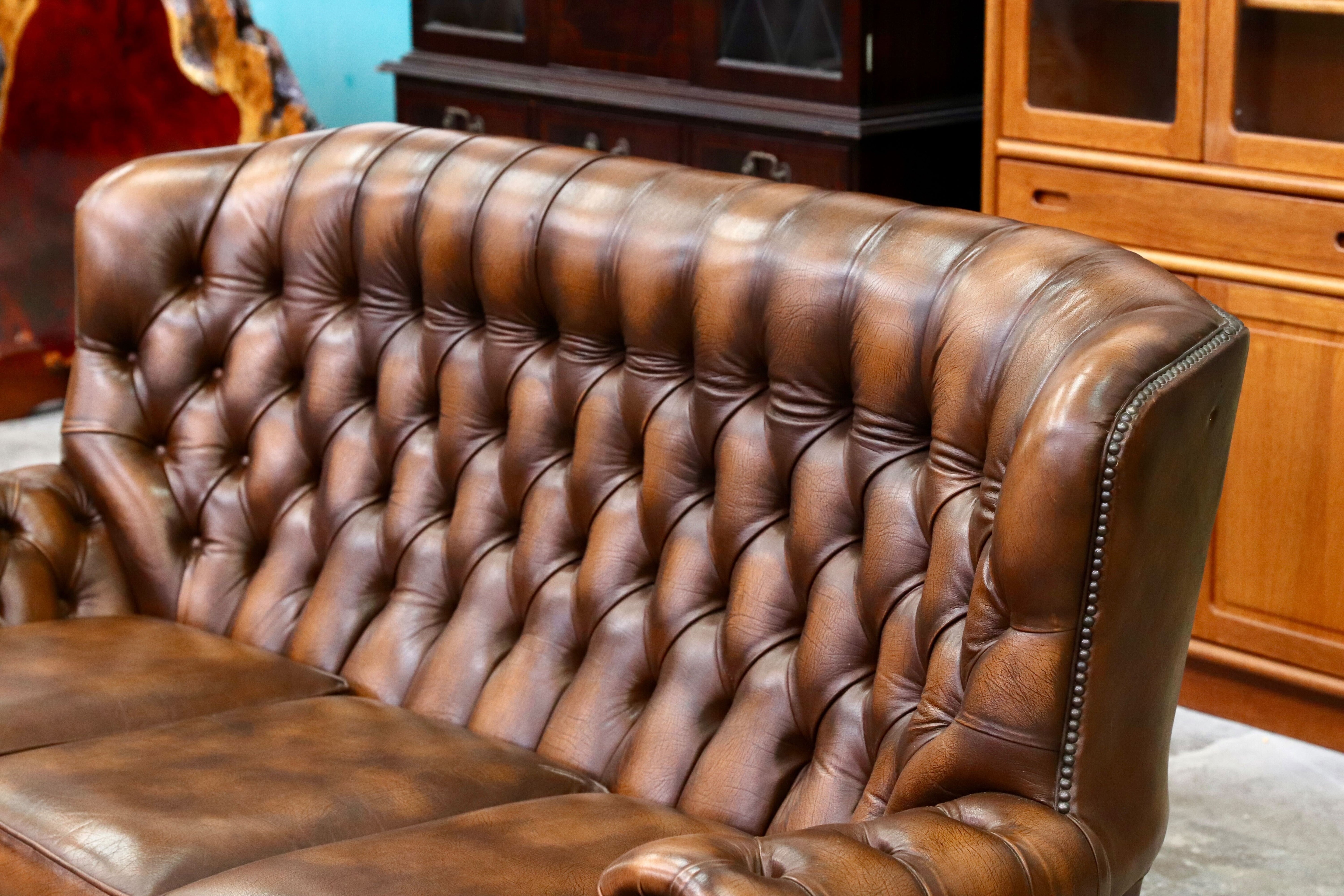 GMIK400C○centurion furniture 西洋 イギリス ヴィンテージ 3人掛けソファ トリプルソファ 長椅子 本革 ブラウン レザー 稀少