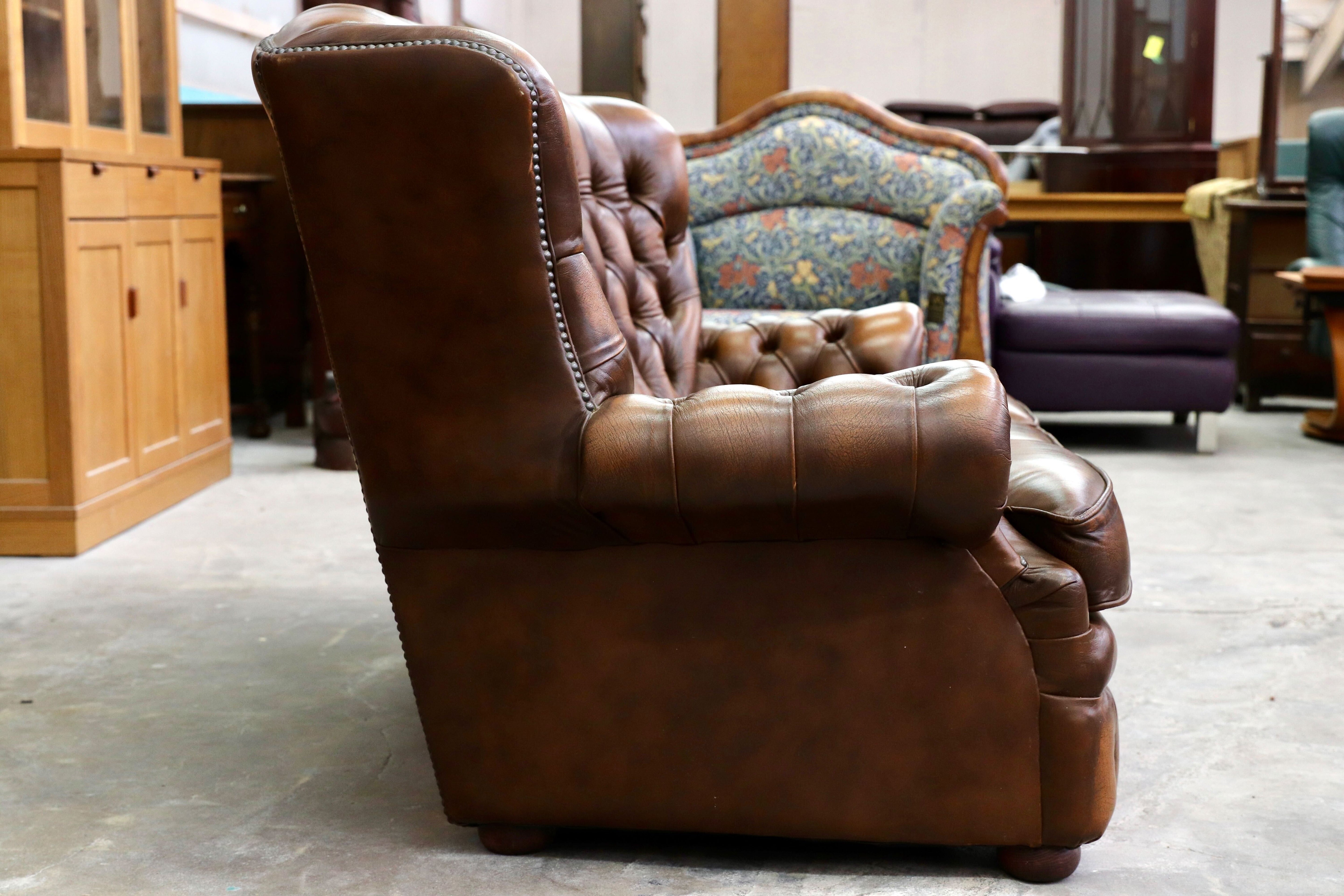 GMIK400C○centurion furniture 西洋 イギリス ヴィンテージ 3人掛けソファ トリプルソファ 長椅子 本革 ブラウン レザー 稀少