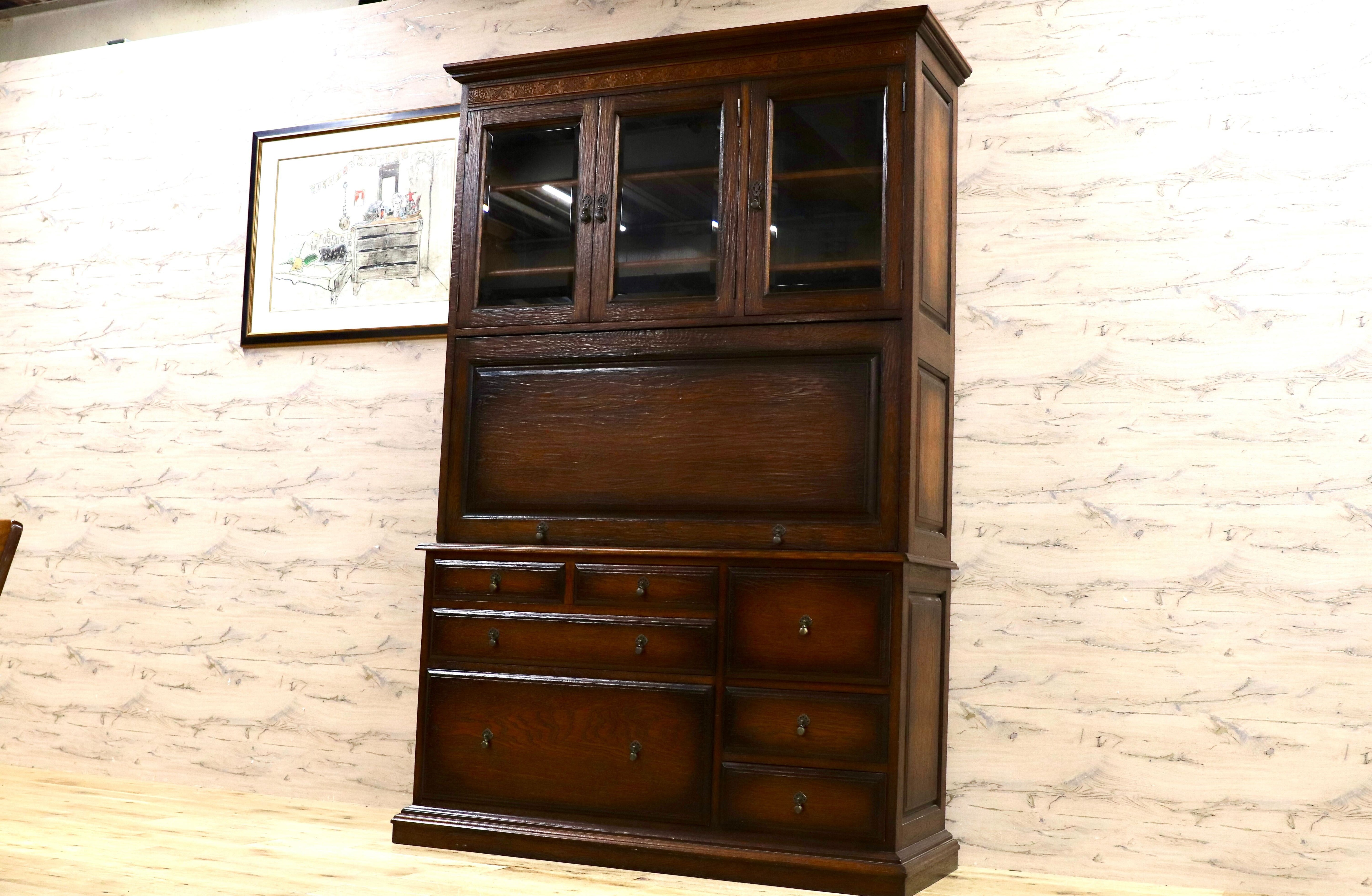 GMEK418○イギリス アンティーク 大型キャビネット リビングボード 収納棚 飾り棚 ヴィンテージ 最高級 オーク無垢材 約150万