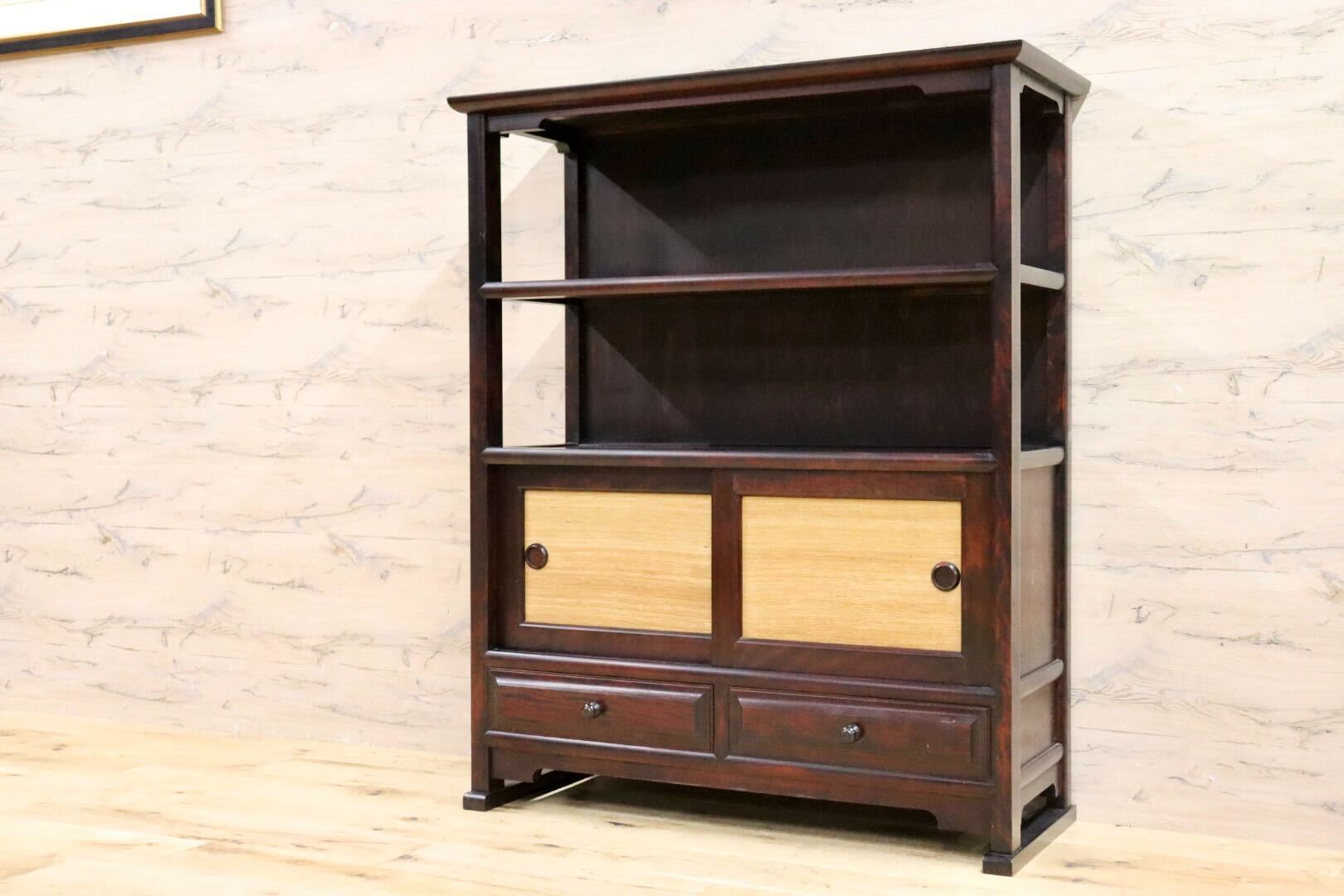 GMHH274○九州民芸家具 飾り棚 茶棚 キャビネット ミズメザクラ レトロ 和家具 和室 座敷 和モダン 古民家 くず布張 検)松本民芸家具