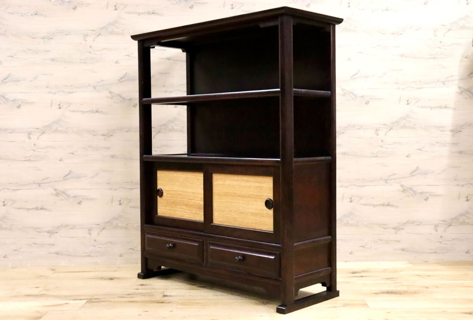 GMHH274○九州民芸家具 飾り棚 茶棚 キャビネット ミズメザクラ レトロ 和家具 和室 座敷 和モダン 古民家 くず布張 検)松本民芸家具
