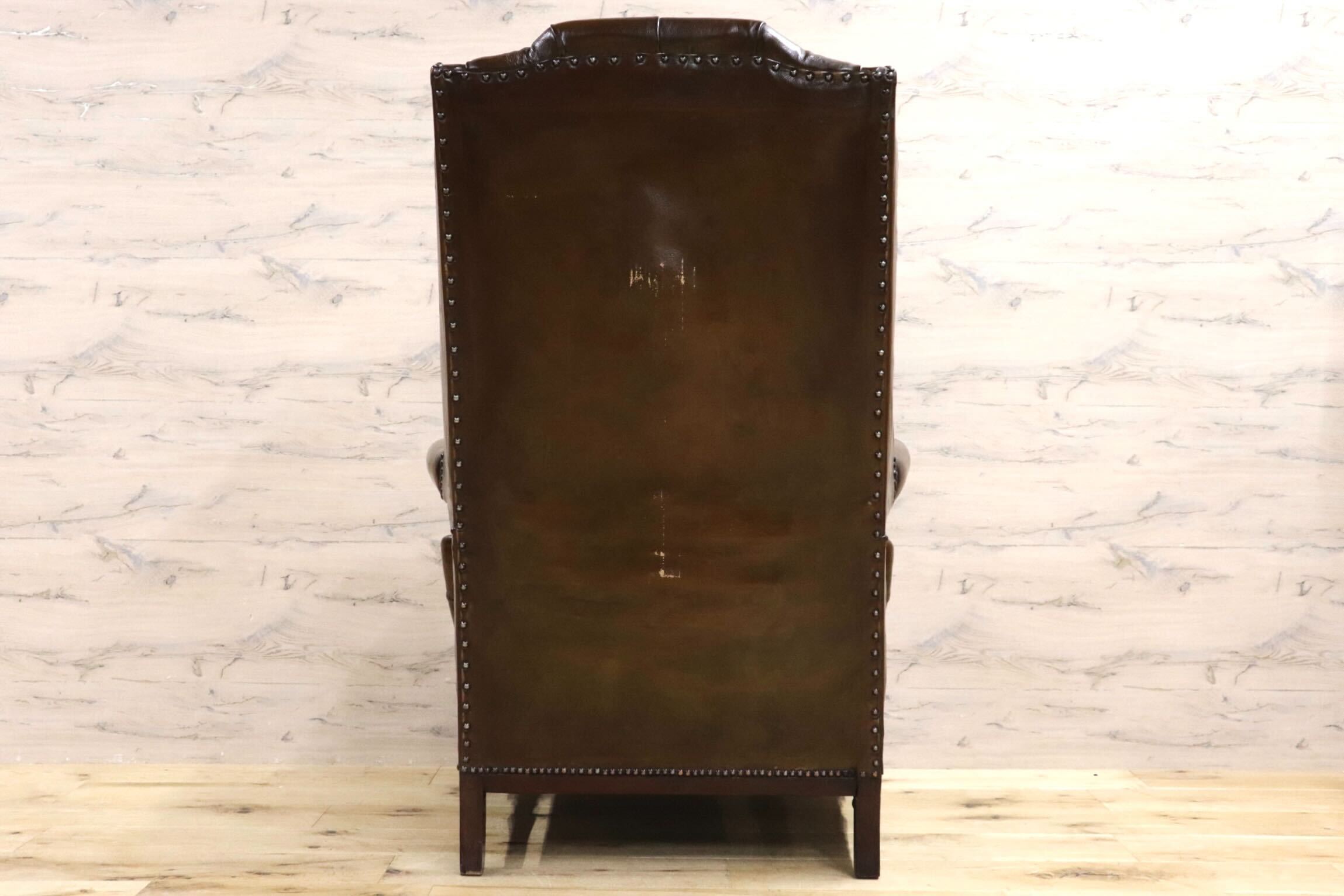 GMHH217○英国 アンティーク チェスターフィールド ウィングバッグ 1人掛けソファ シングルソファ 鋲打ち 本革 ブラウン ヴィンテージ