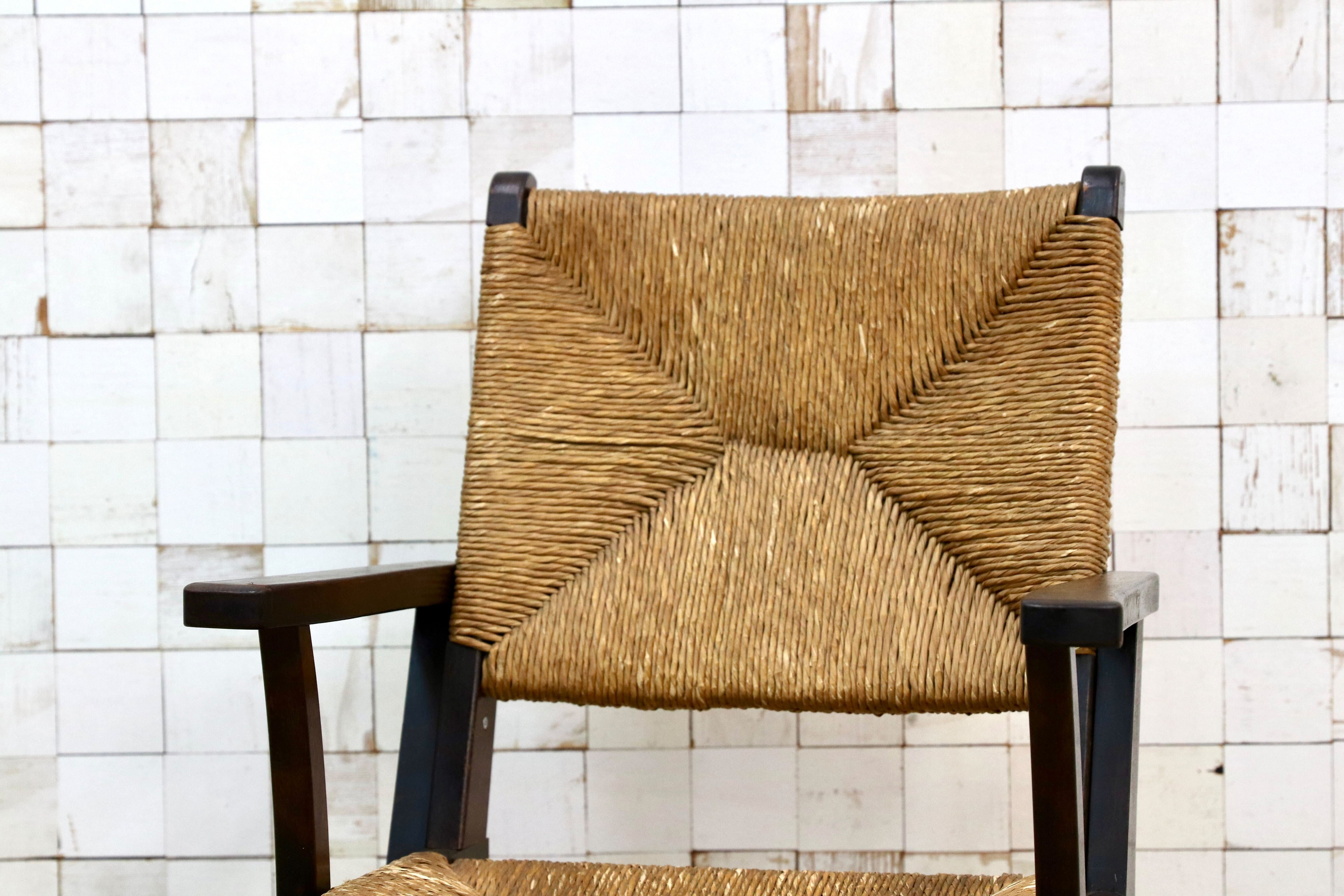 GMIK279○松本民芸家具 L型ラッシアームチェア 椅子 民藝 アンティーク イージーチェア 和モダン レトロ