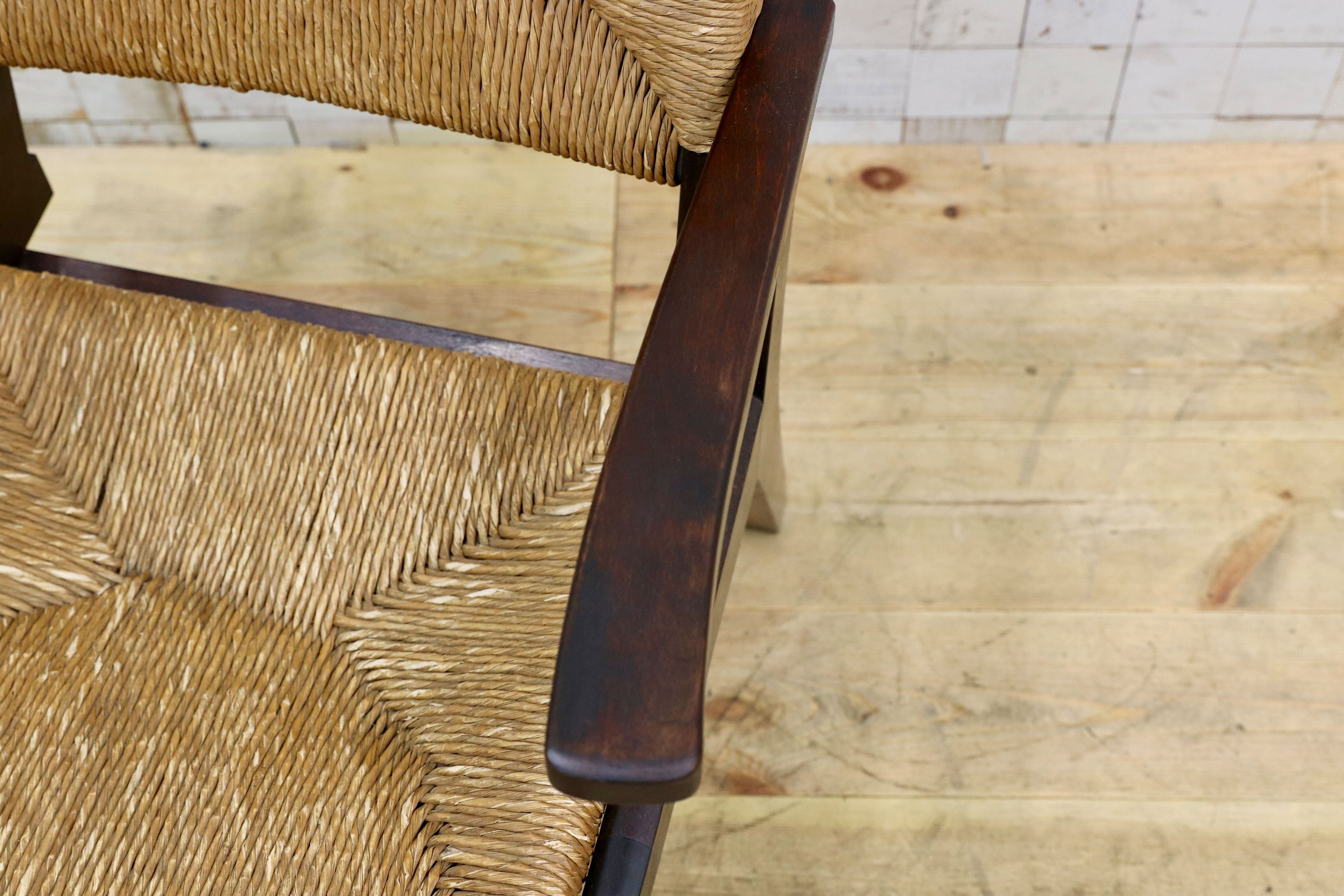 GMIK279○松本民芸家具 L型ラッシアームチェア 椅子 民藝 アンティーク イージーチェア 和モダン レトロ