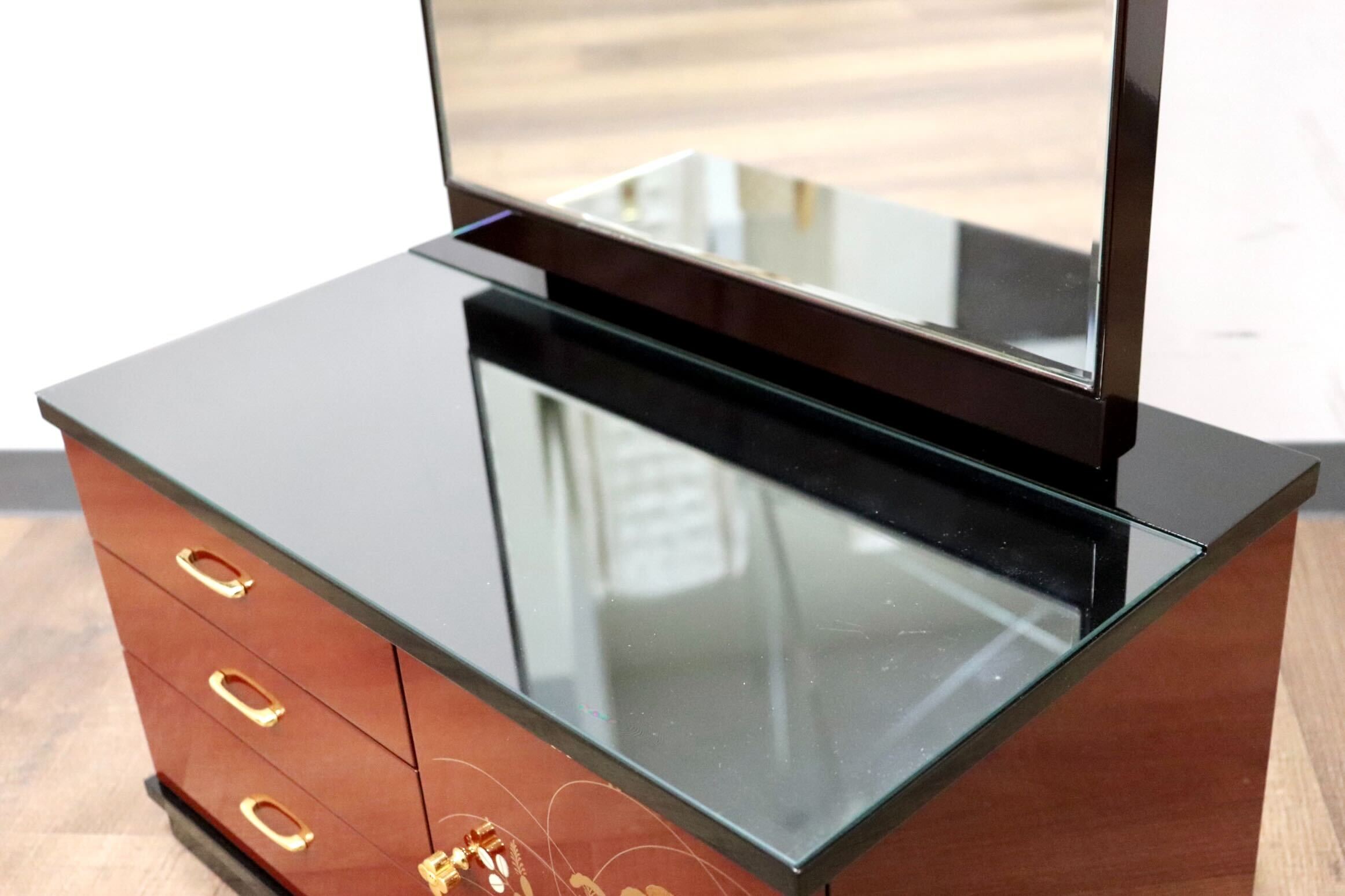 GMGF123○MATSUSO / 松創 全身鏡 姿見 スタンドミラー 小引出し 収納家具 漆塗り 和モダン レトロ 伝統工芸 府中家具 IDC大塚家具 展示品