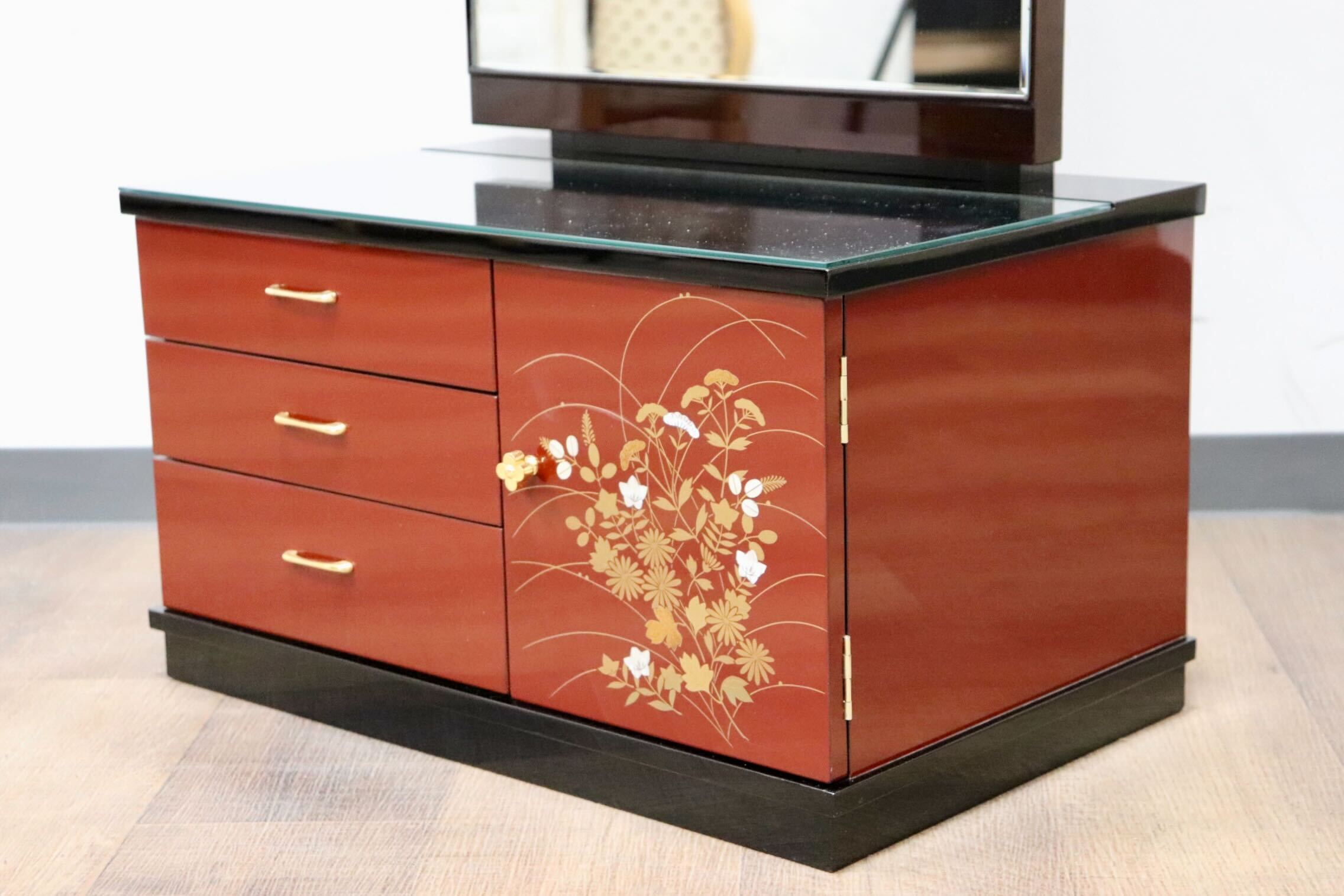 GMGF123○MATSUSO / 松創 全身鏡 姿見 スタンドミラー 小引出し 収納家具 漆塗り 和モダン レトロ 伝統工芸 府中家具 IDC大塚家具 展示品